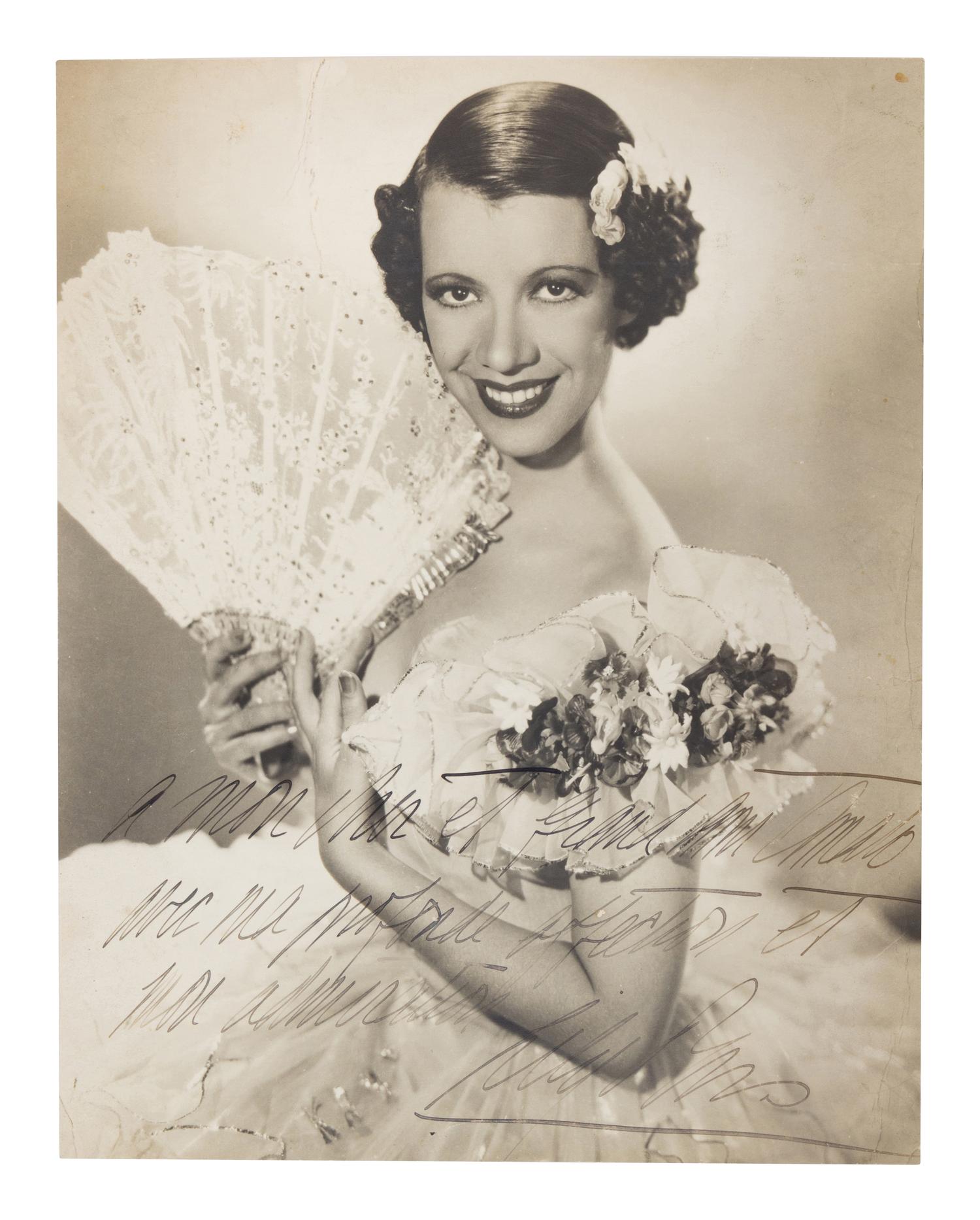 PONS, Lily (1904-1976). Black and white photographic portrait, signed (“Lily Pons”) and additionally inscribed to Pasquale Amato, n.d.