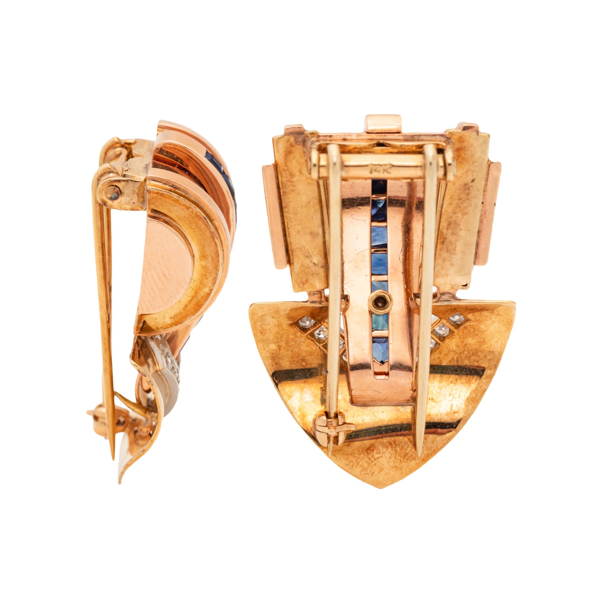 RETRO, PAIR OF BICOLOR GOLD, SAPPHIRE AND DIAMOND CLIP BROOCHES