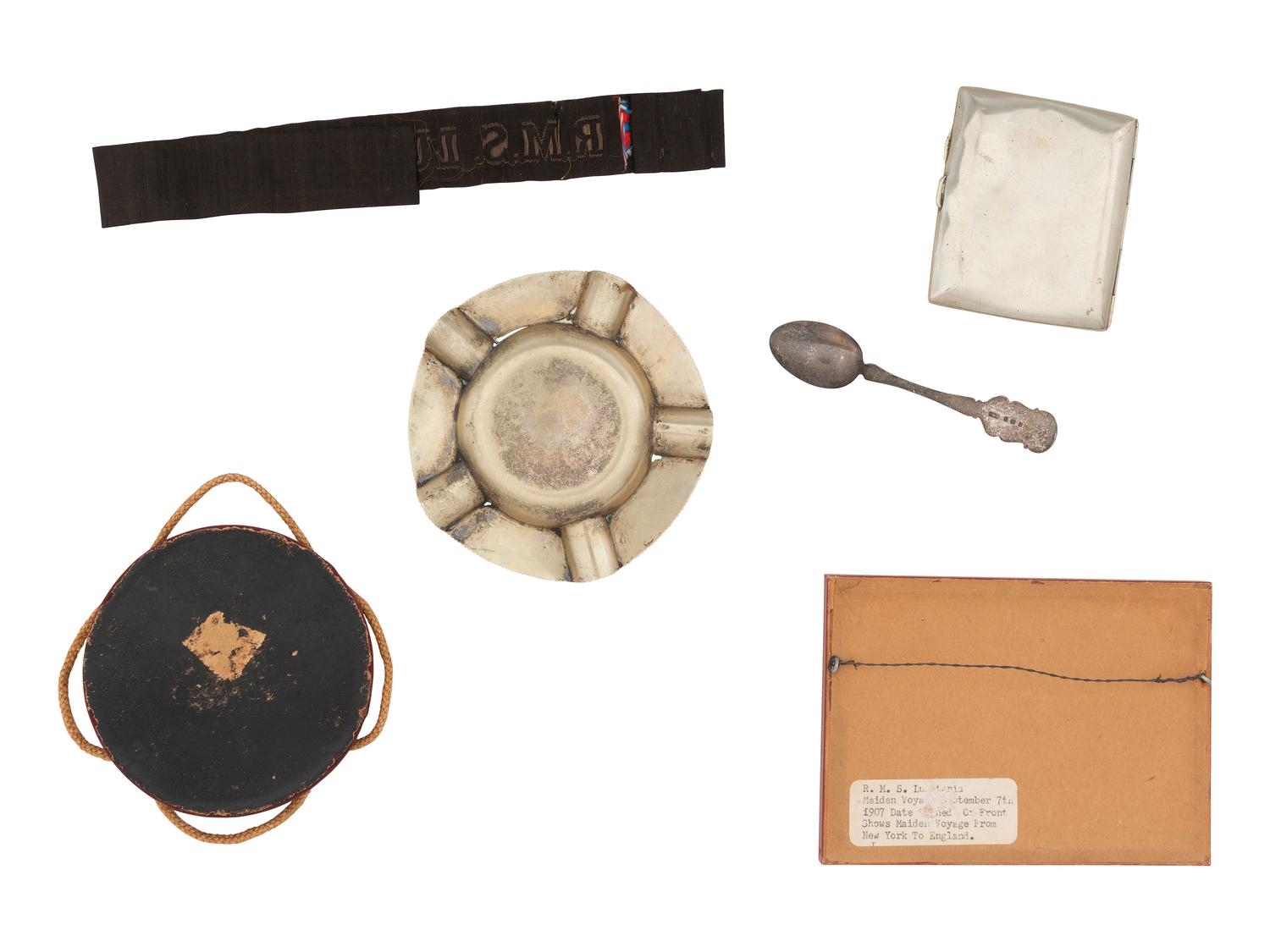 [TRANSPORTATION]. RMS Lusitania cap talley with additional souvenirs.