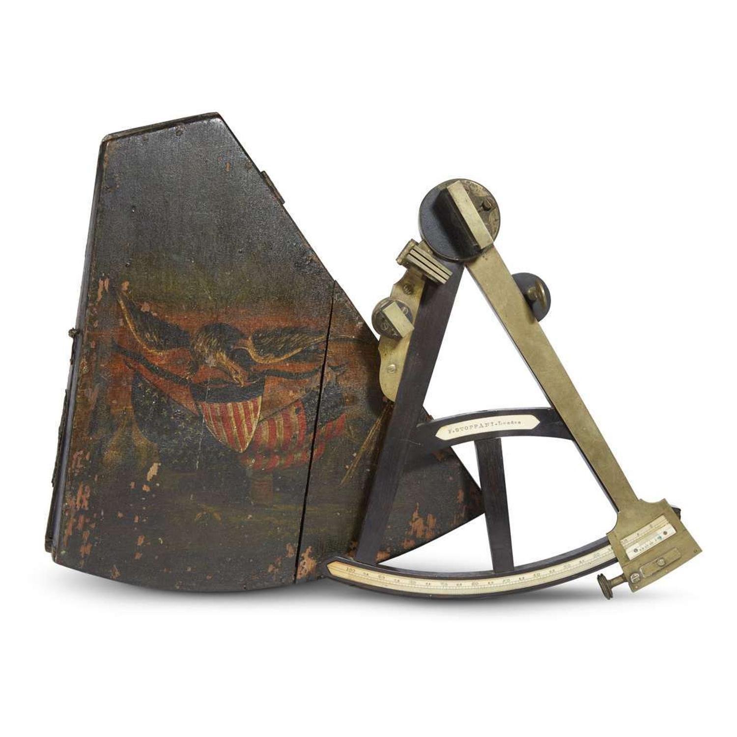 Painted and decorated patriotic octant case and octant Octant bears label of "F. Stoppani London," case bears retailer's