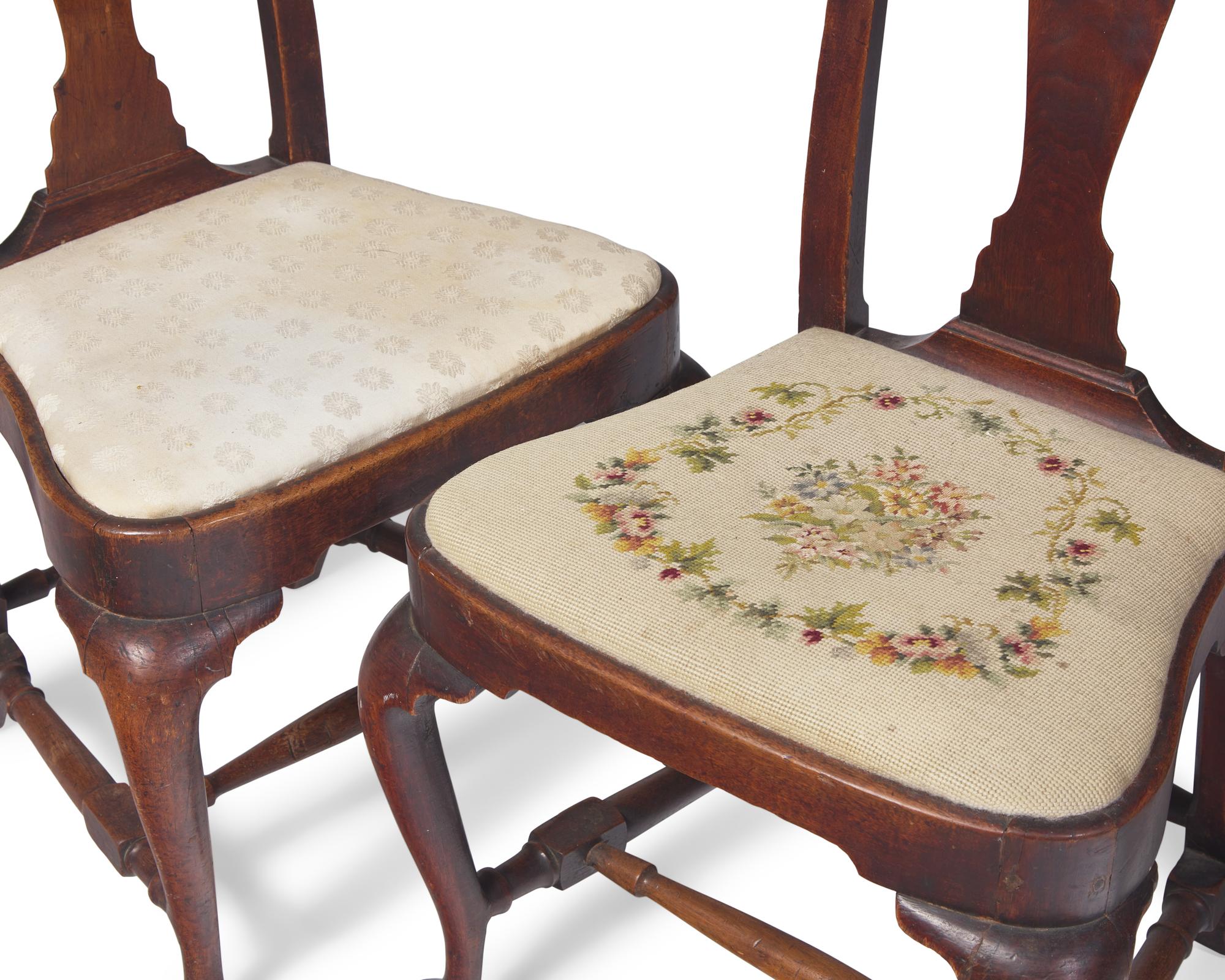 A Group of Three Queen Anne Walnut Compass-Seat Side Chairs