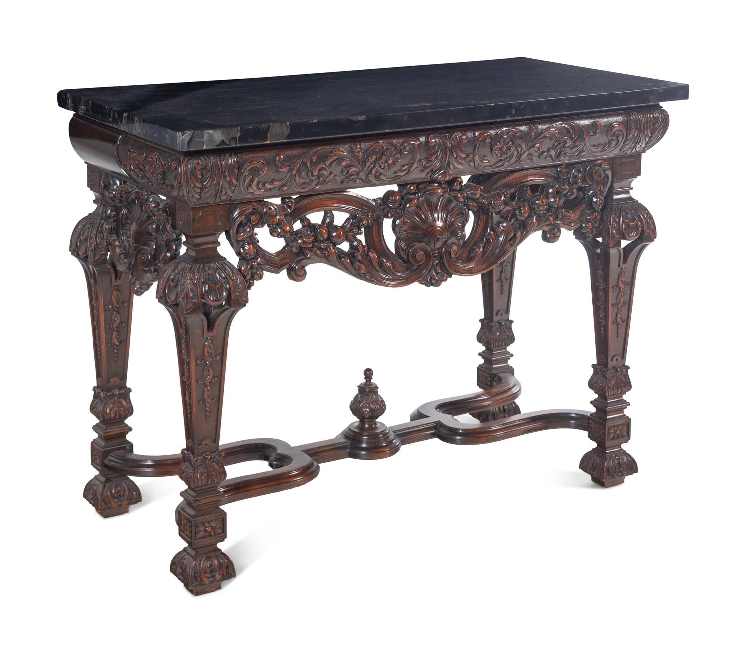 Two En Suite Italian Carved Walnut Marble-Top Console Tables