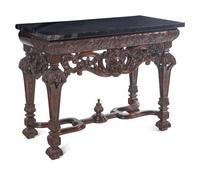 Two En Suite Italian Carved Walnut Marble-Top Console Tables