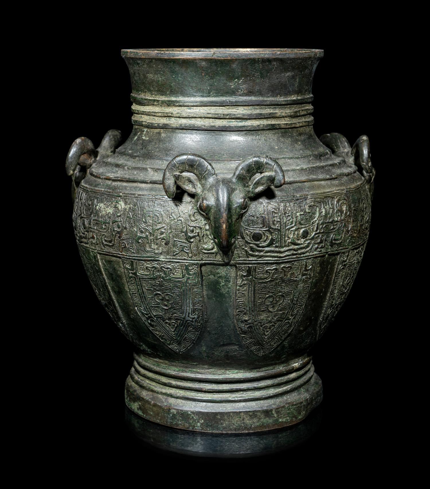 A Chinese Archaistic Bronze 'Three Rams' Hu Vessel