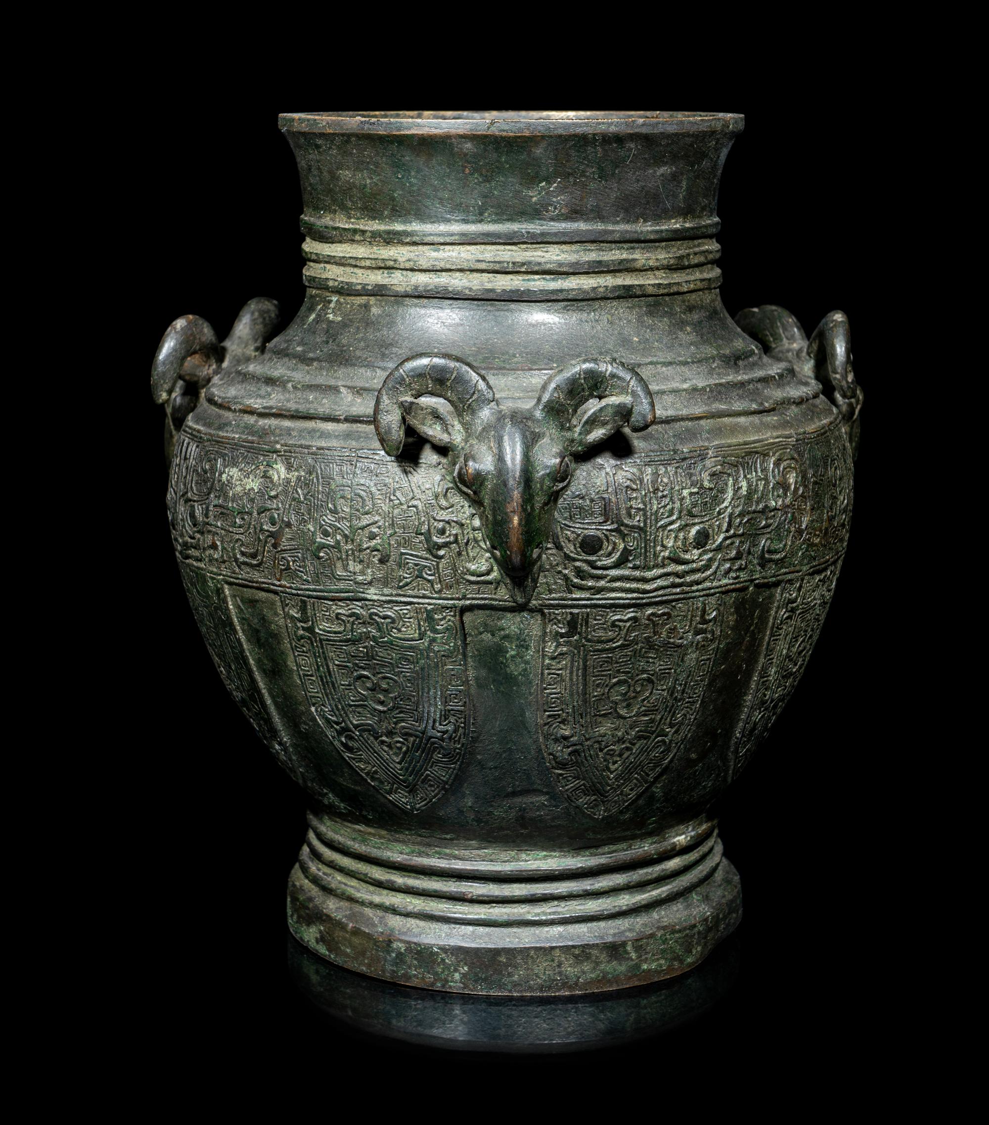 A Chinese Archaistic Bronze 'Three Rams' Hu Vessel