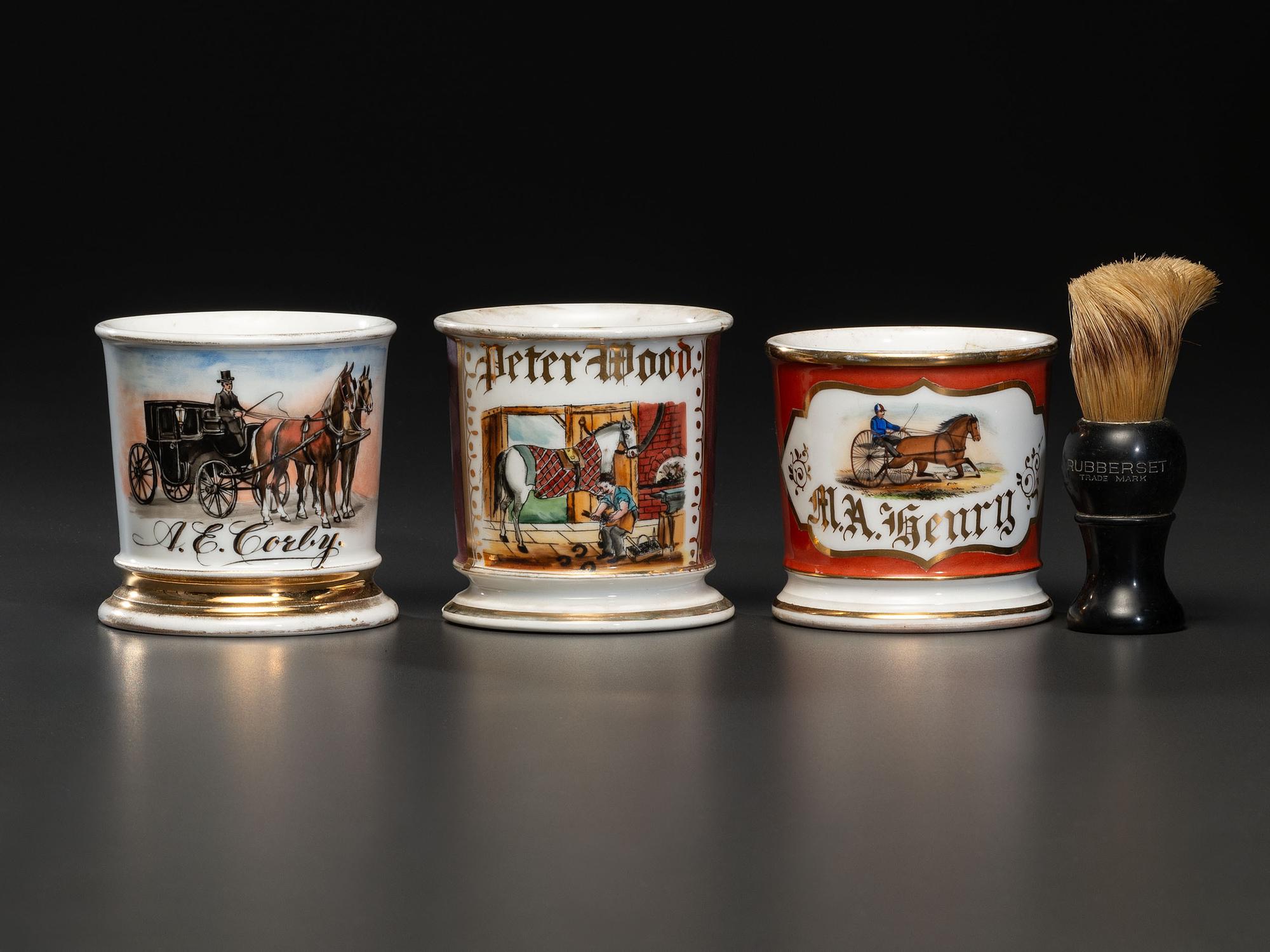 Three Porcelain Occupational Shaving Mugs of Equine Interest