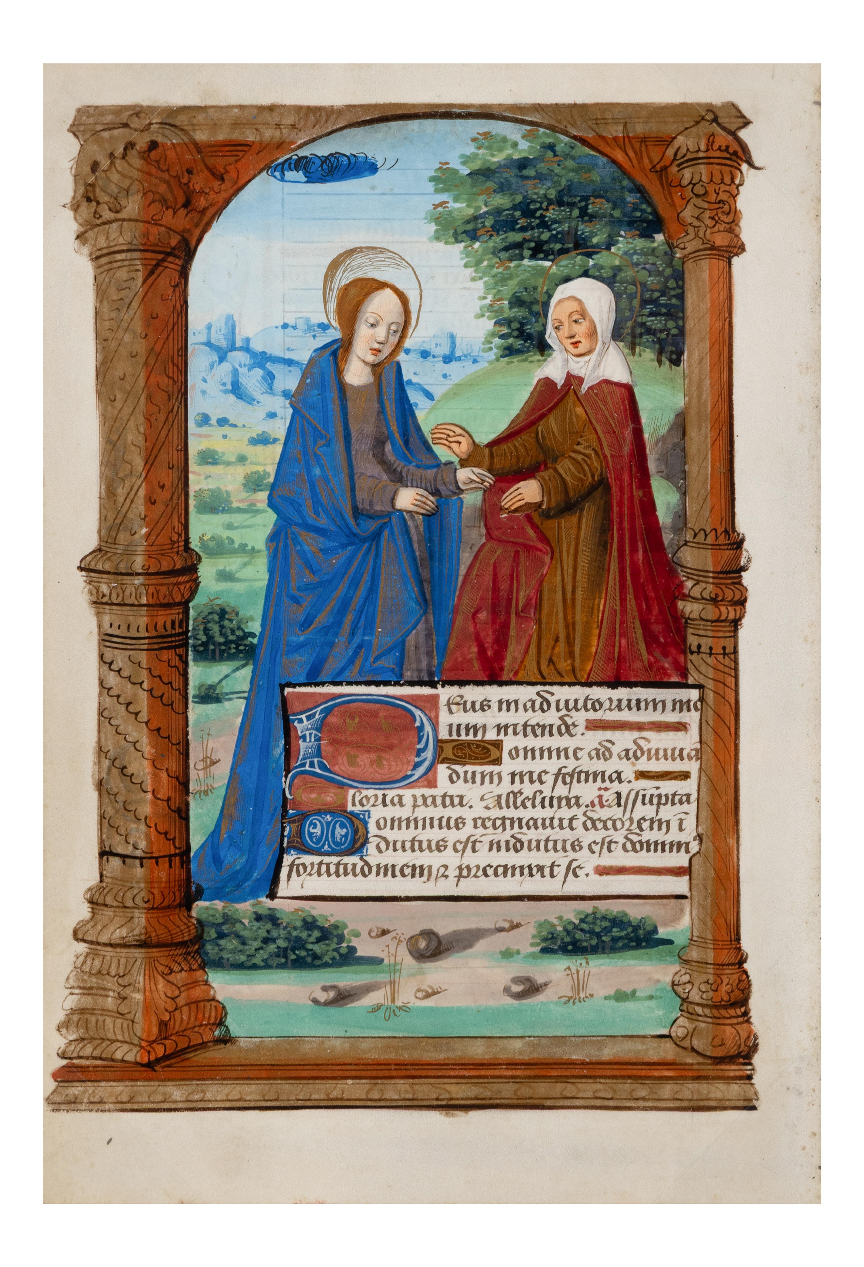 WORKSHOP OF THE MASTER OF THE CHRONIQUE SCANDALEUSE (active c. 1493–1510) Single leaf from a Book of Hours, the Visitation, in Latin, illuminated manuscript on parchment [France, Paris, c. 1500]
