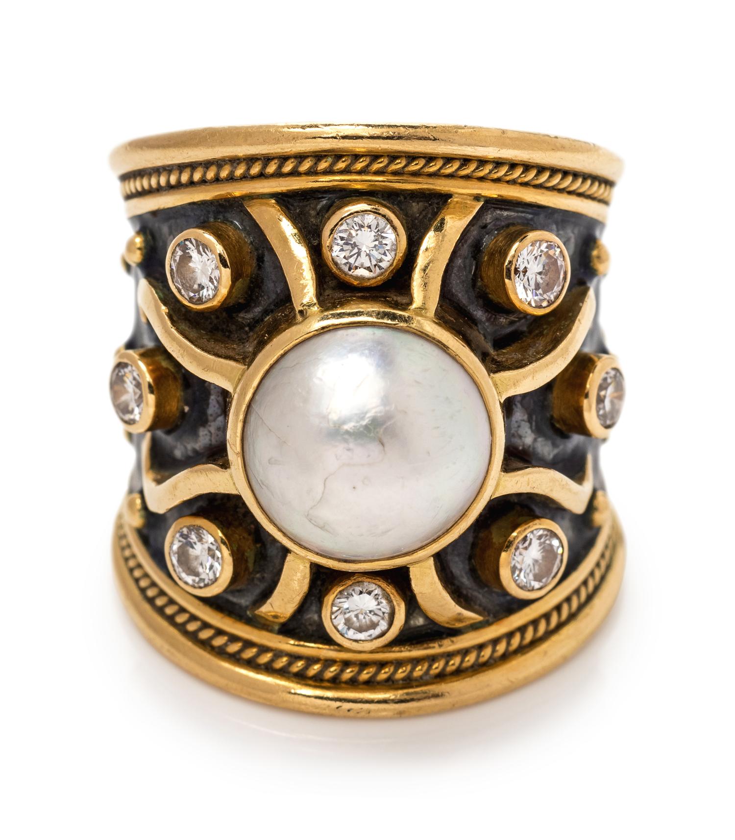 An 18 Karat Yellow Gold, Enamel, Cultured Mabe Pearl and Diamond Ring, Elizabeth Gage,