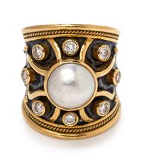 An 18 Karat Yellow Gold, Enamel, Cultured Mabe Pearl and Diamond Ring, Elizabeth Gage,