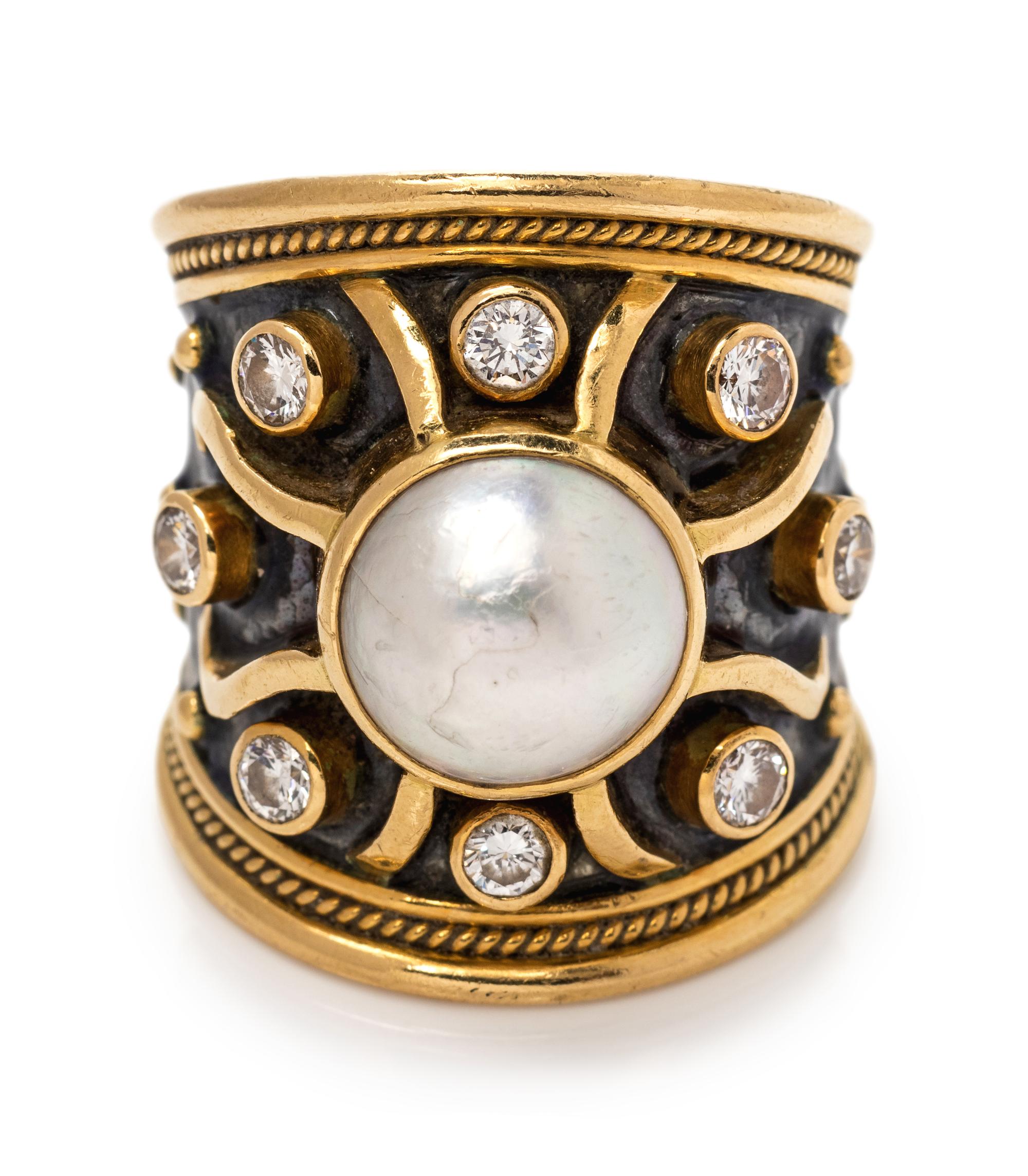 An 18 Karat Yellow Gold, Enamel, Cultured Mabe Pearl and Diamond Ring, Elizabeth Gage,