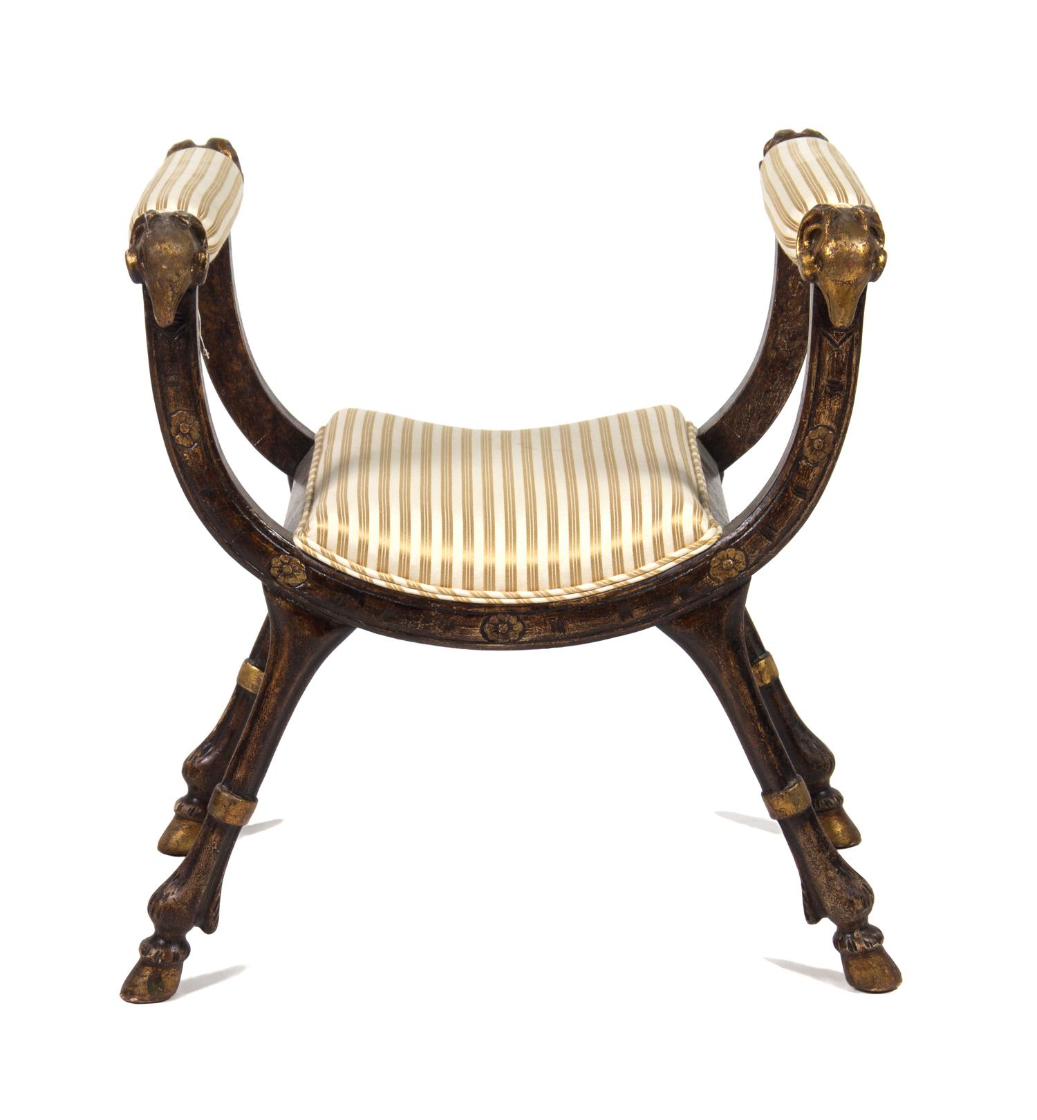 A Neoclassical Style Parcel Gilt Bench Height 29 x width 25 x depth 20 inches.