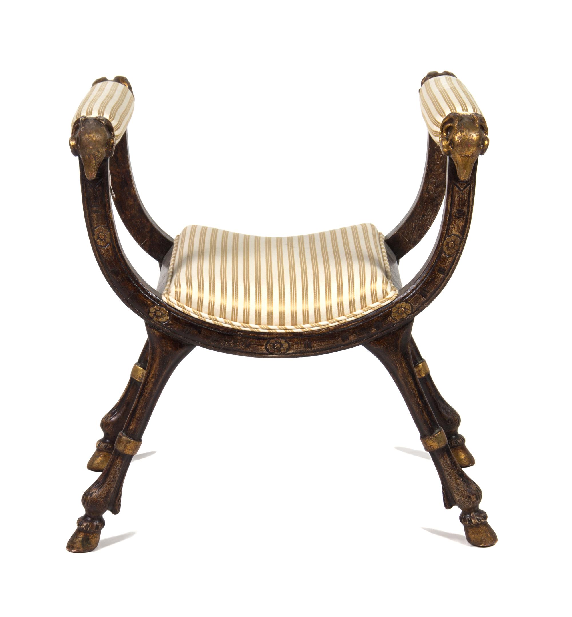 A Neoclassical Style Parcel Gilt Bench Height 29 x width 25 x depth 20 inches.
