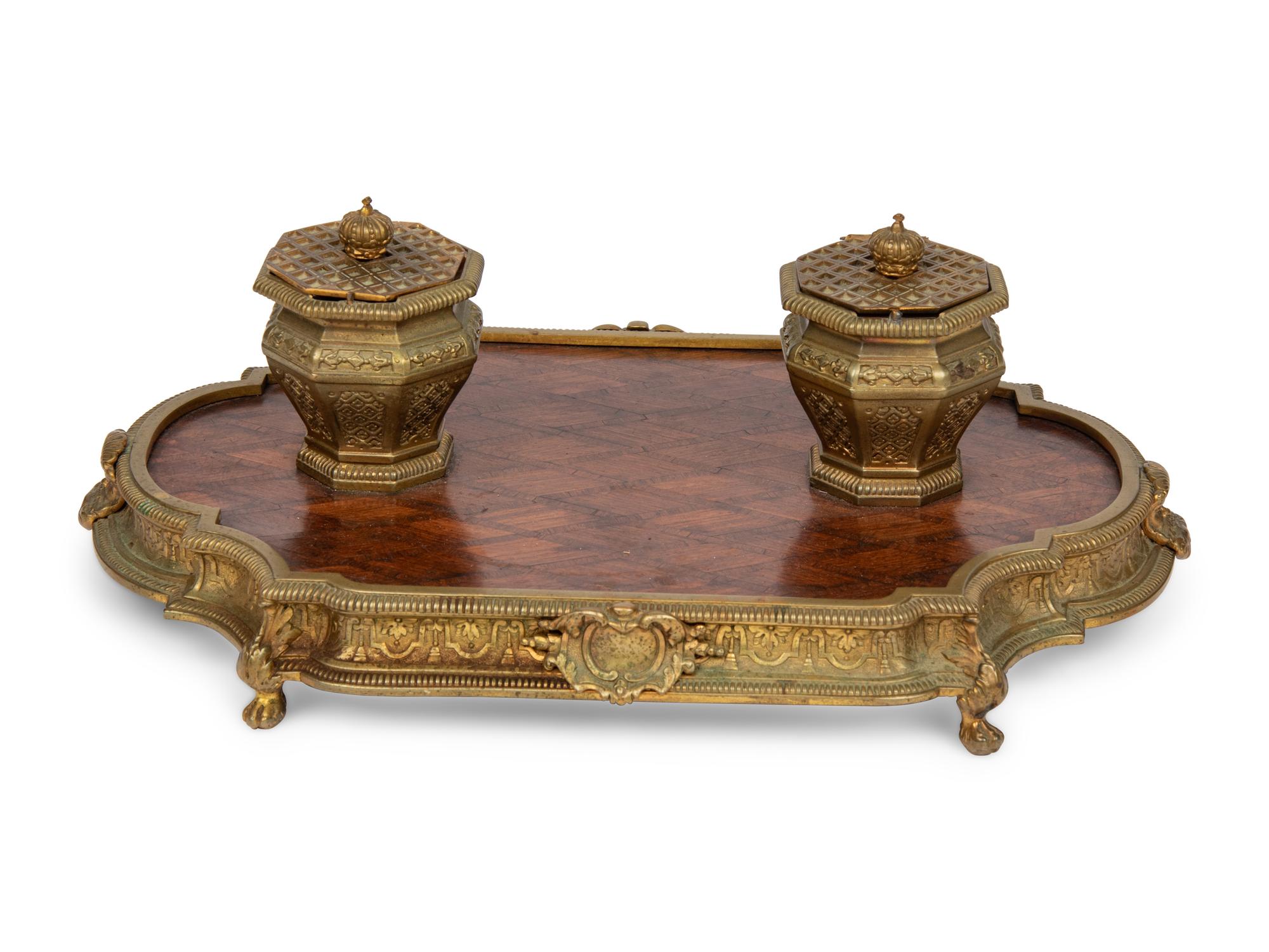 A Gilt Bronze and Parquetry Inlaid Inkwell
