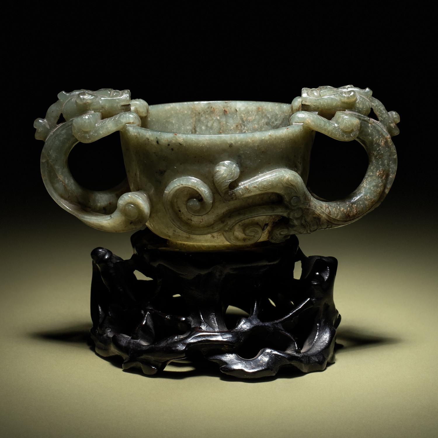 A Grey and Celadon Jade 'Dragon' Handled Cup