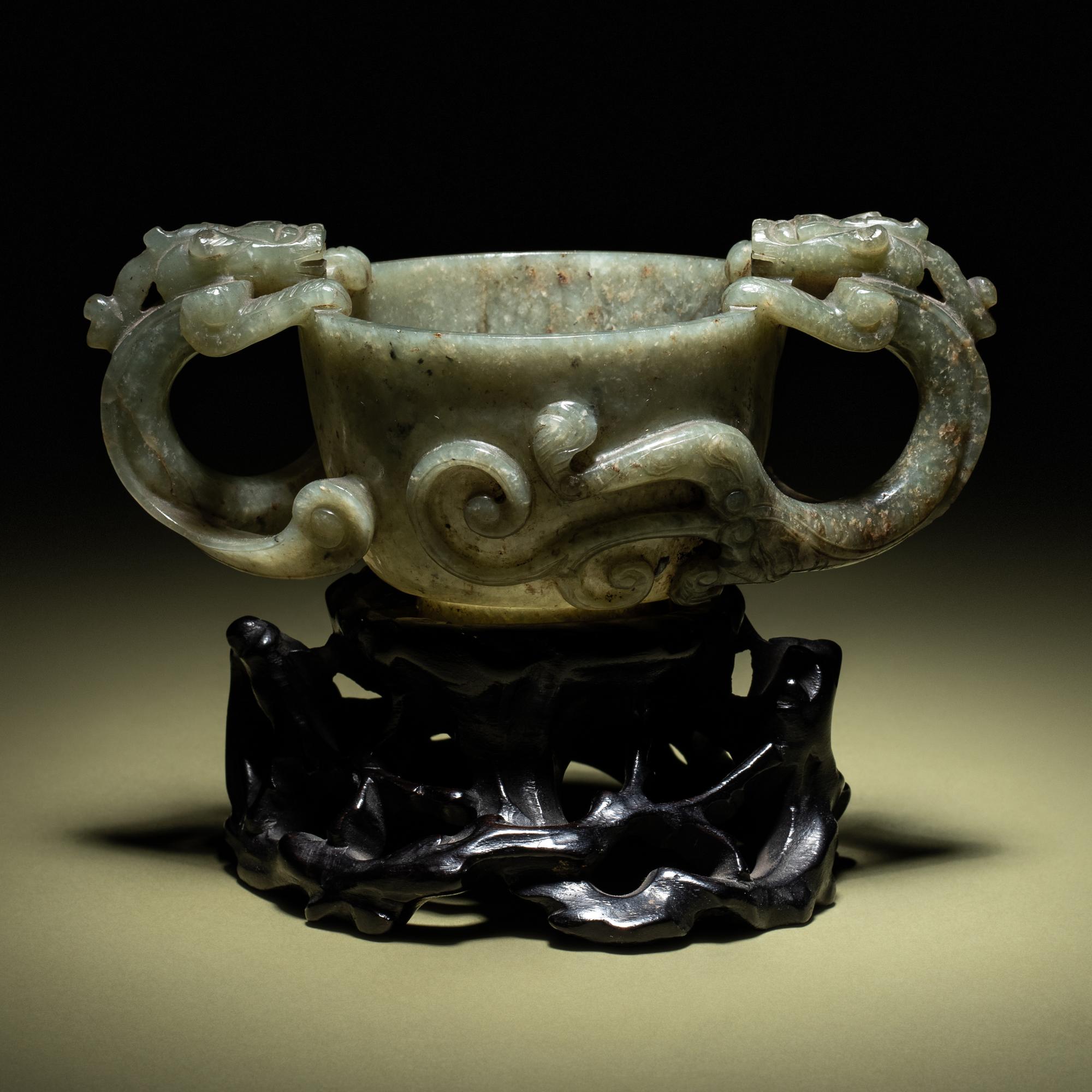 A Grey and Celadon Jade 'Dragon' Handled Cup