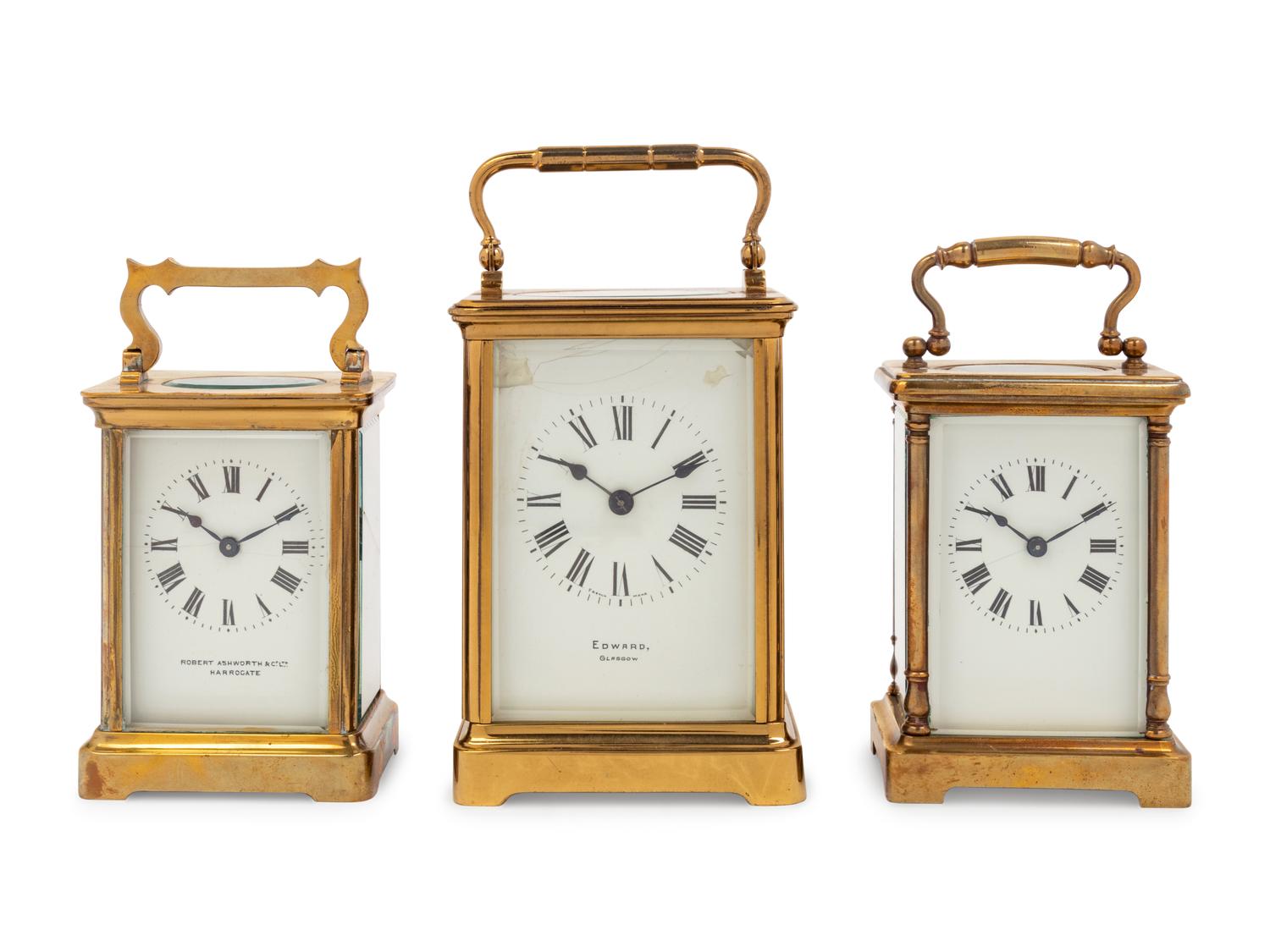 Three English and French Brass Carriage Clocks