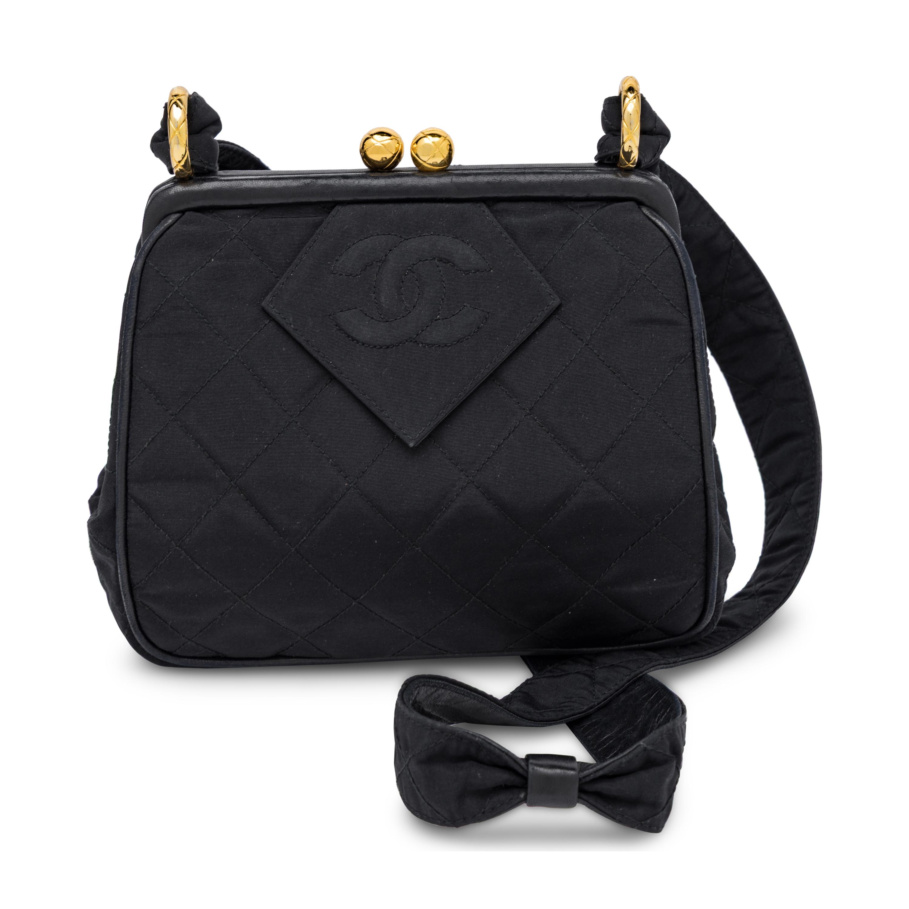 Chanel, Kiss Lock Shoulder Bag in Quilted Black Taffeta