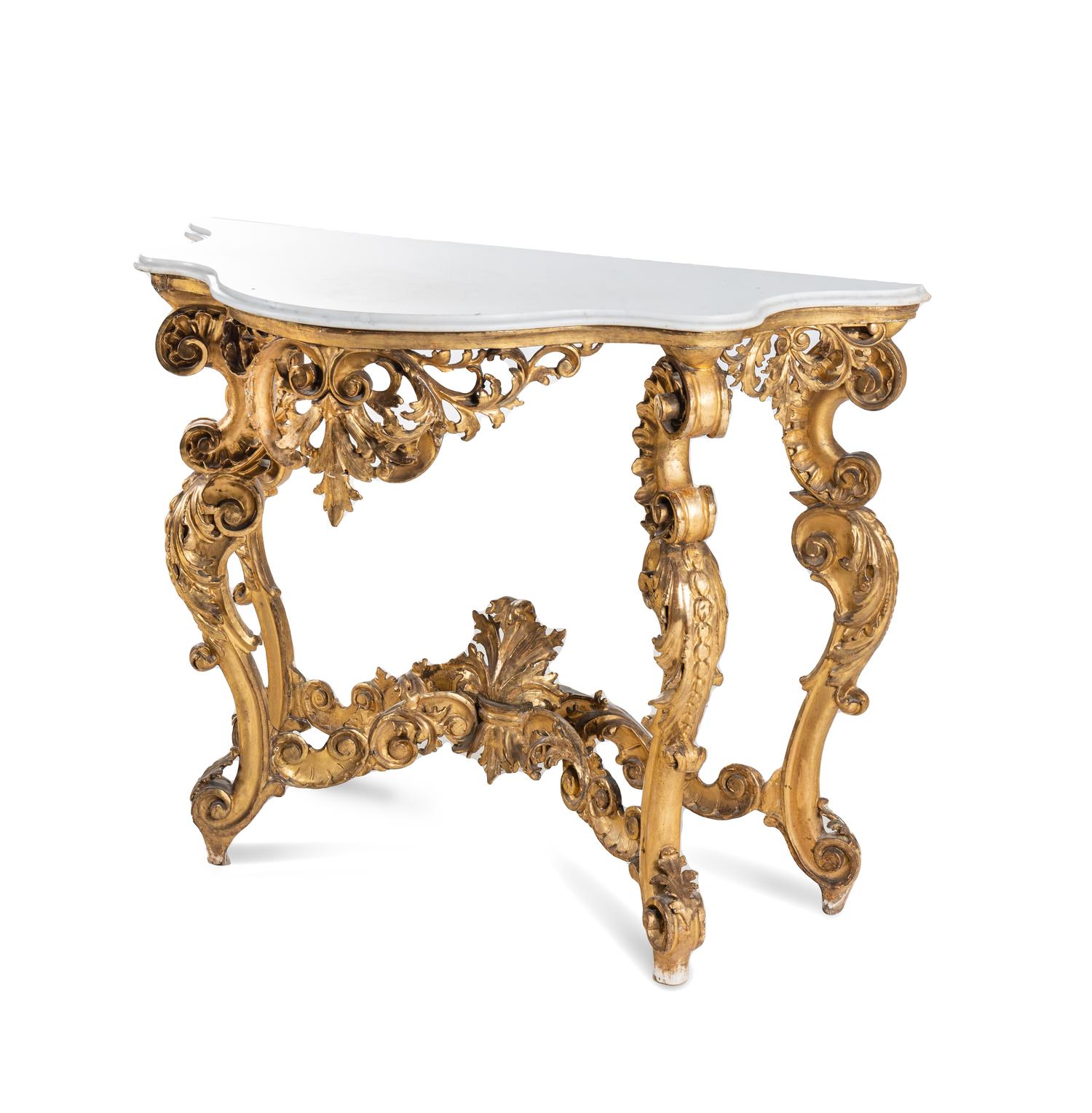 An Italian Rococo Giltwood Marble-Top Console Table
