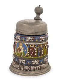 A German Kreussen "Apostle" Hand-Painted Pewter and Stoneware Stein