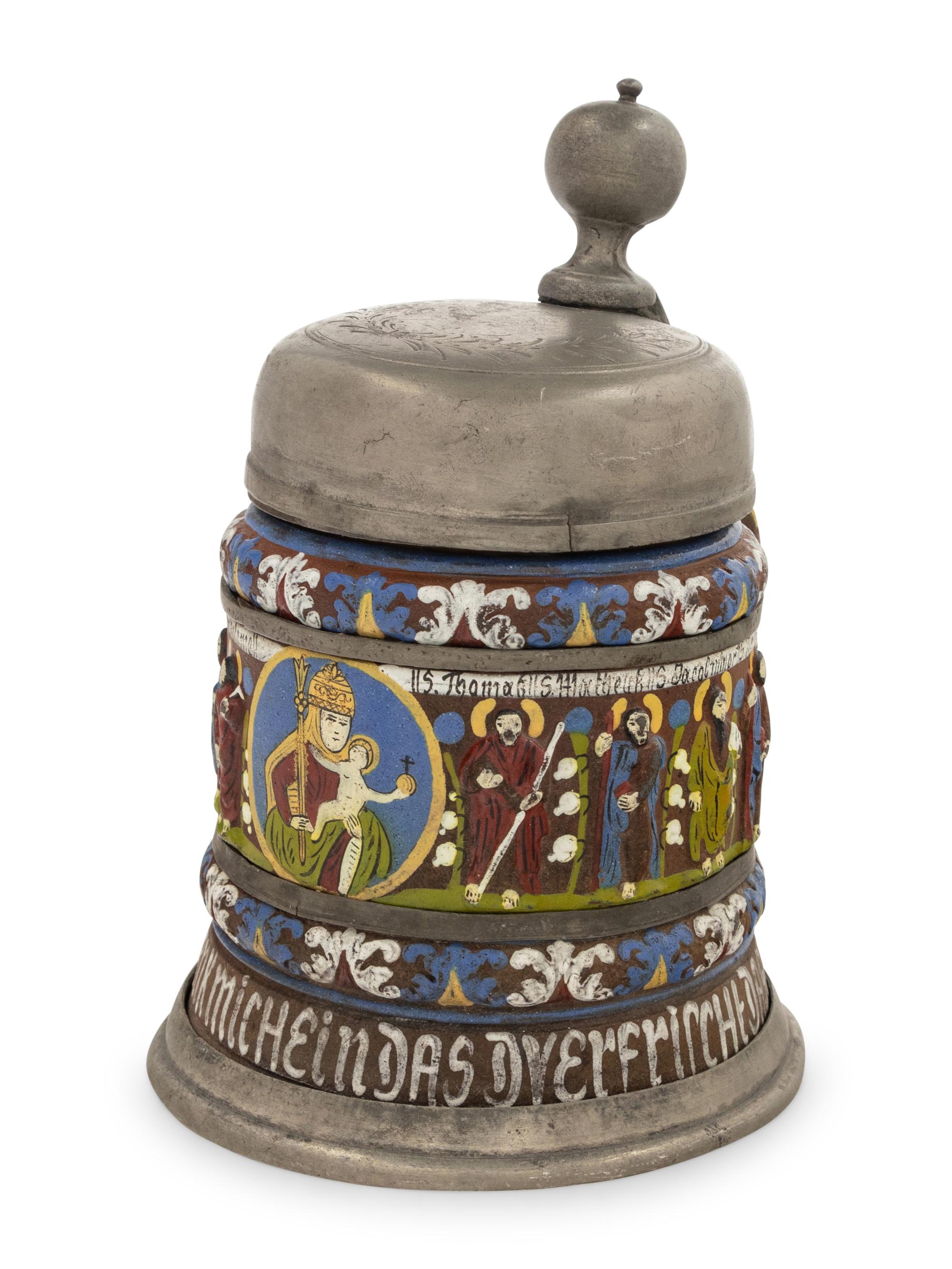 A German Kreussen "Apostle" Hand-Painted Pewter and Stoneware Stein