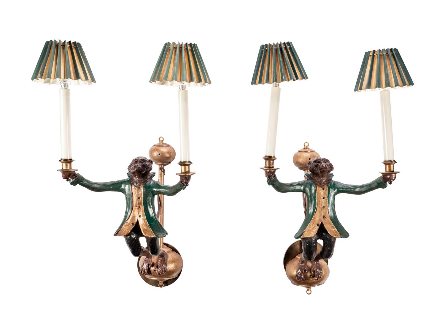 A Pair of Polychromed Composition Two-Light Sconces