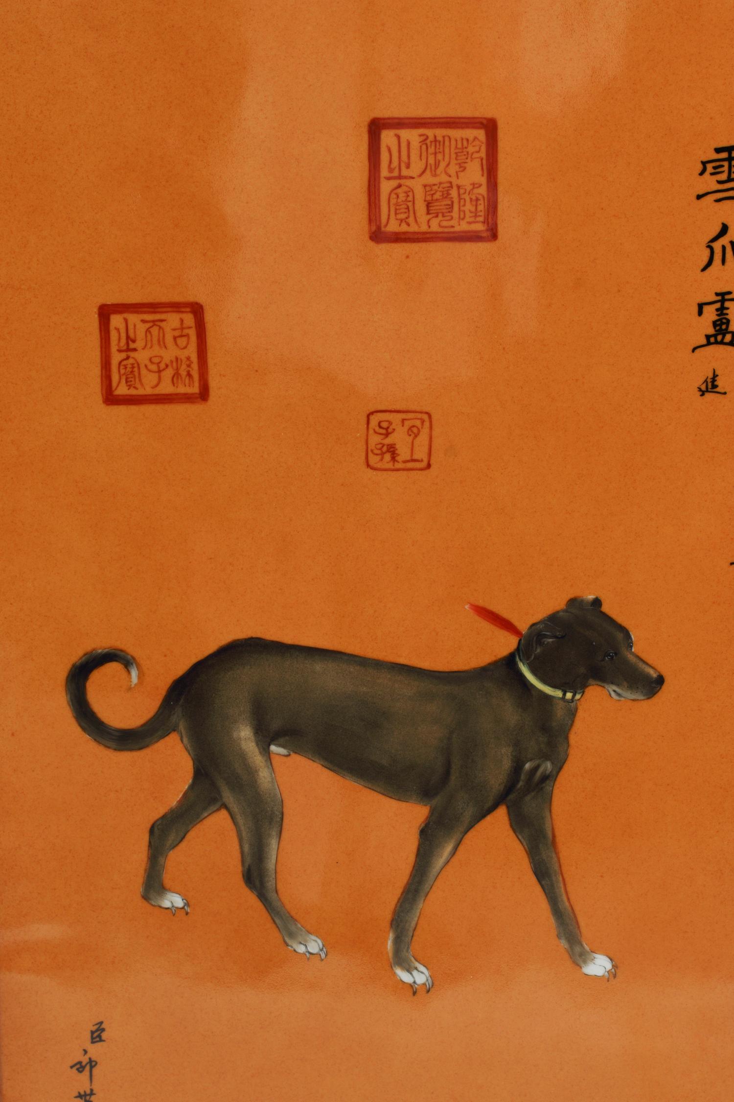 A Set of Ten Framed Chinese Porcelain Plaques Depicting the Emperor's Dogs
