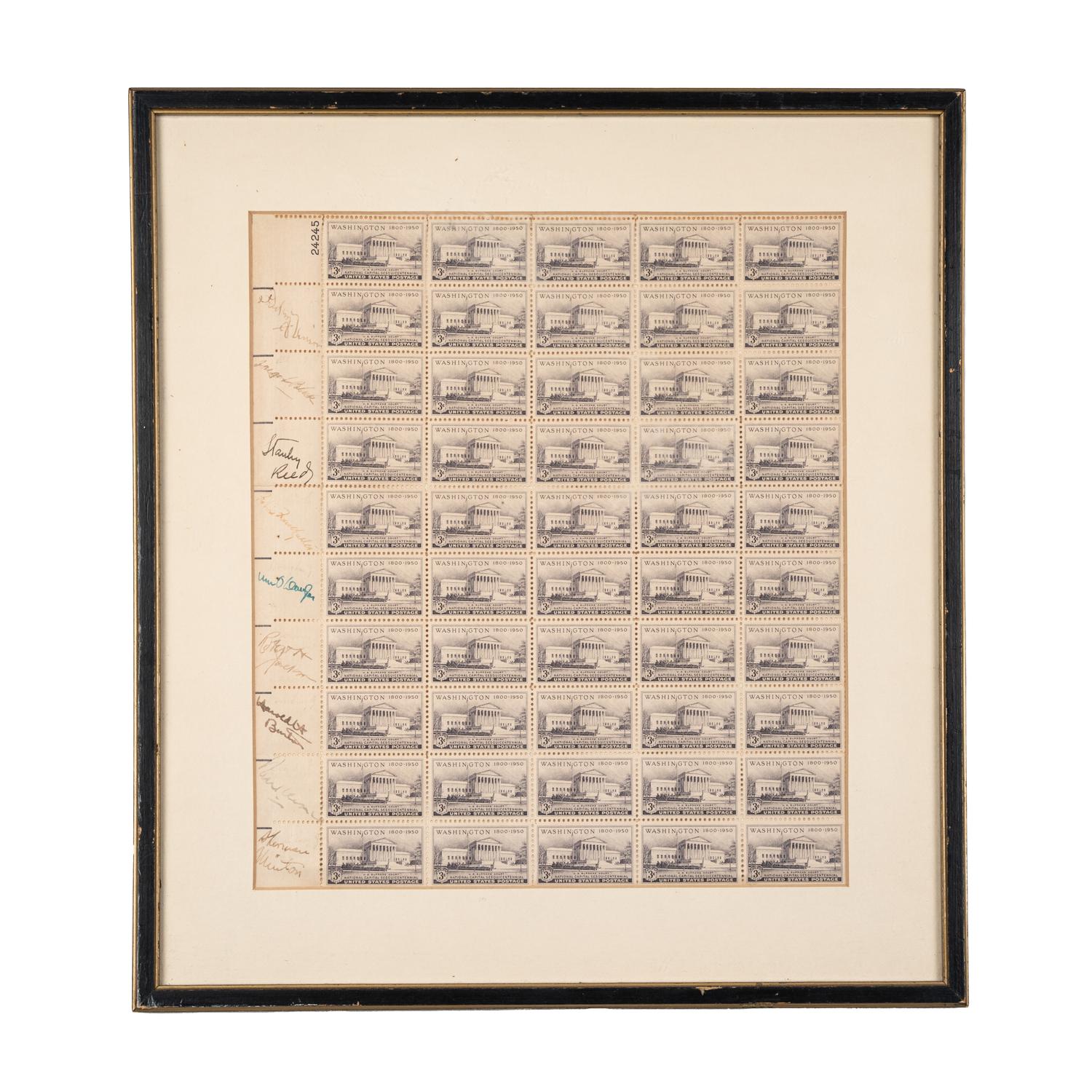 [SUPREME COURT]. Sheet of National Capital Centennial stamps SIGNED BY THE NINE JUSTICES OF THE VINSON COURT. [Washington, D.C.], ca 1949.
