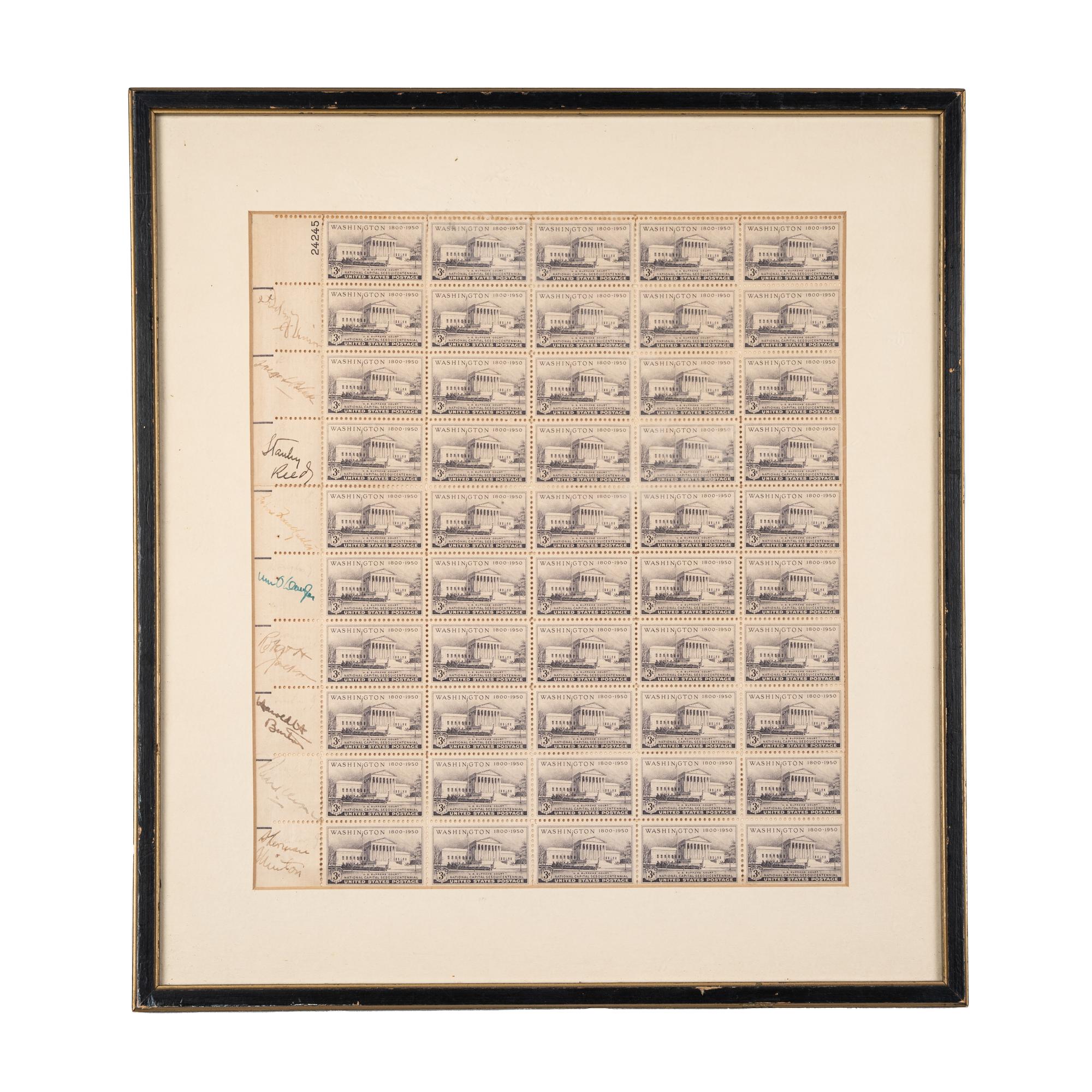 [SUPREME COURT]. Sheet of National Capital Centennial stamps SIGNED BY THE NINE JUSTICES OF THE VINSON COURT. [Washington, D.C.], ca 1949.