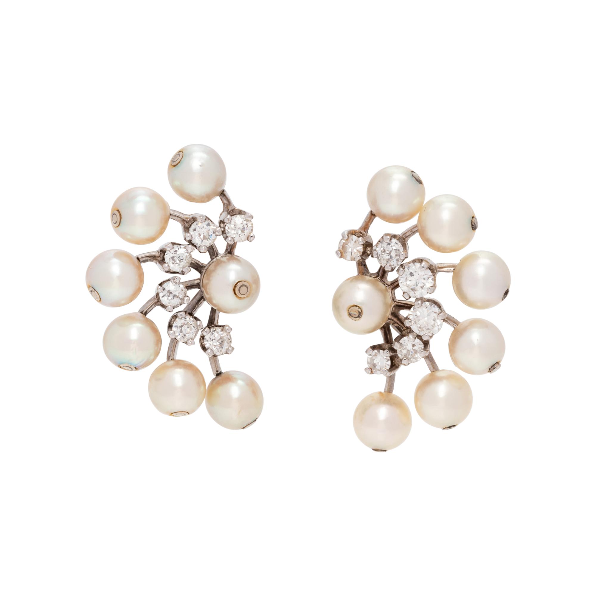 CULTURED PEARL AND DIAMOND EARCLIPS