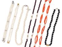 A Collection of 14 Karat Yellow Gold, Cultured Pearl, Coral Bead Onyx and Garnet Bead Jewelry,