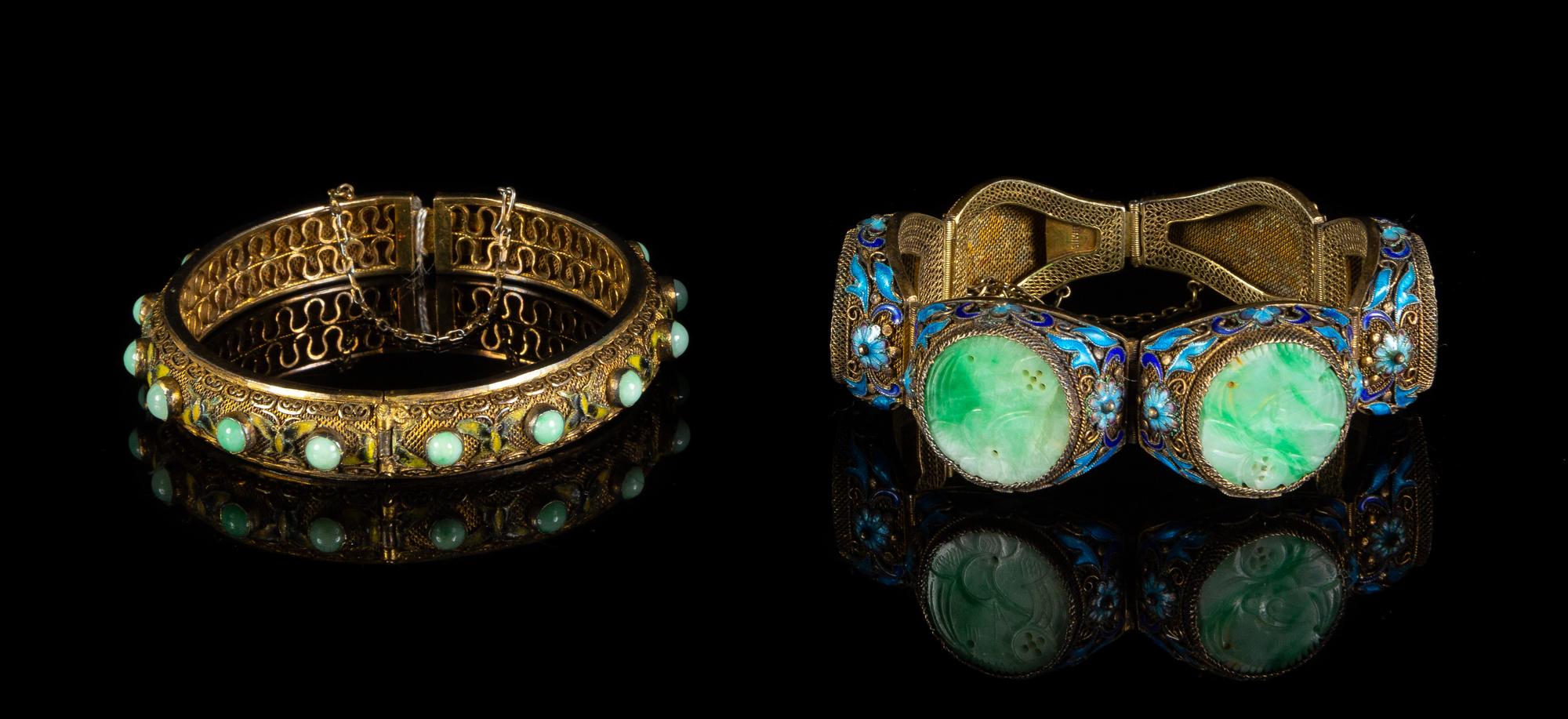 Two Chinese Jadeite Inset Silver Bracelets