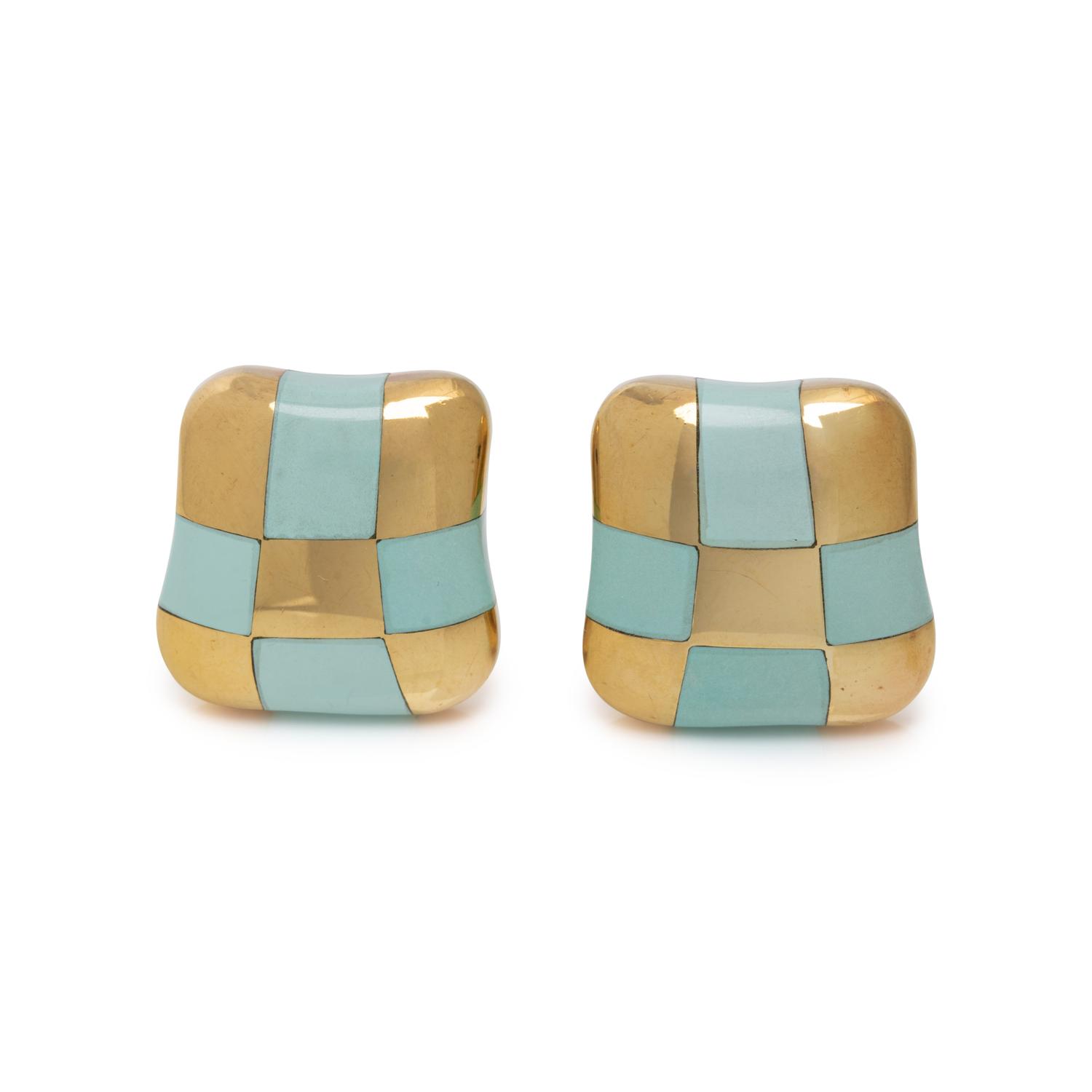 ANGELA CUMMINGS, YELLOW GOLD AND TURQUOISE CHECKERBOARD EARCLIPS