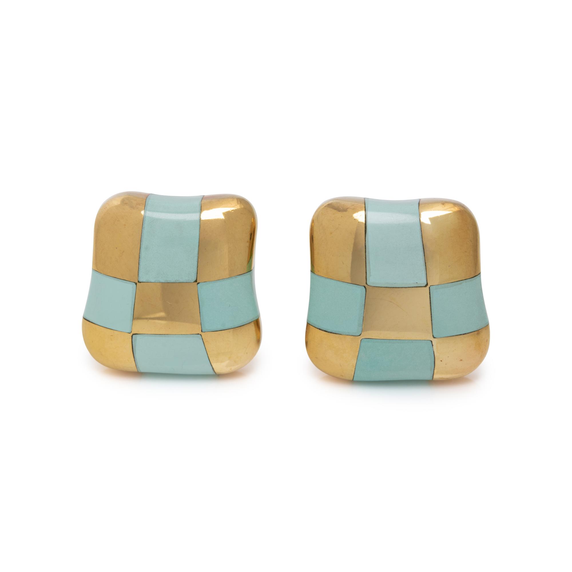 ANGELA CUMMINGS, YELLOW GOLD AND TURQUOISE CHECKERBOARD EARCLIPS