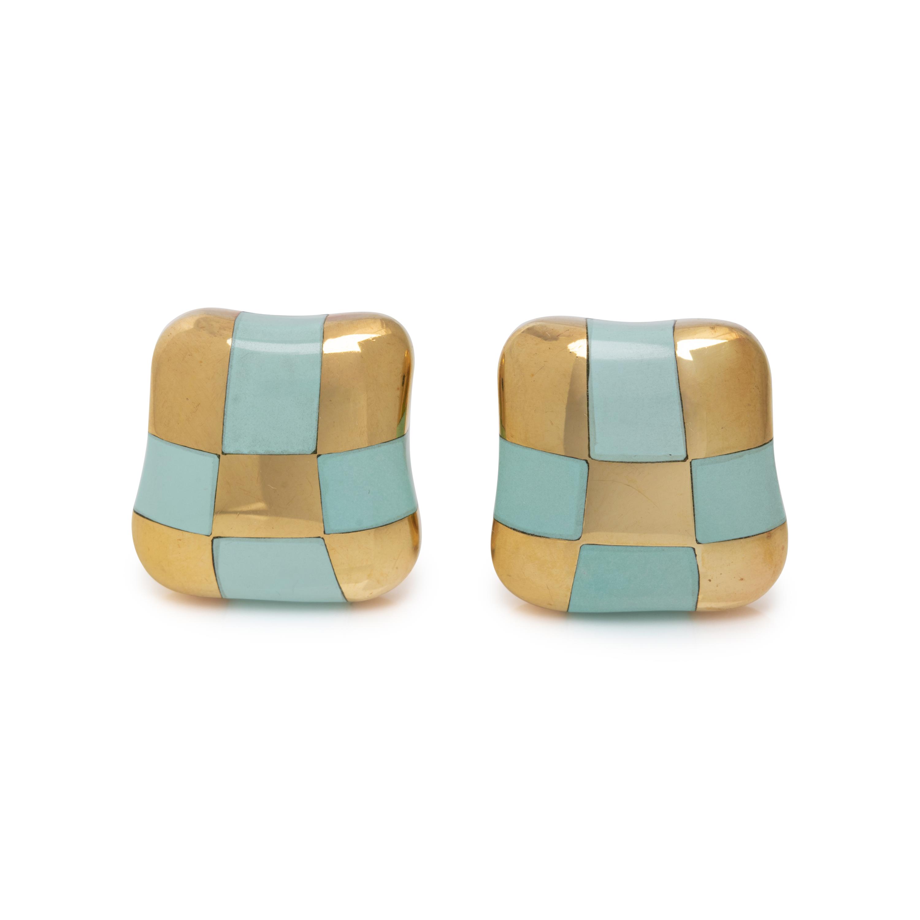 ANGELA CUMMINGS, YELLOW GOLD AND TURQUOISE CHECKERBOARD EARCLIPS