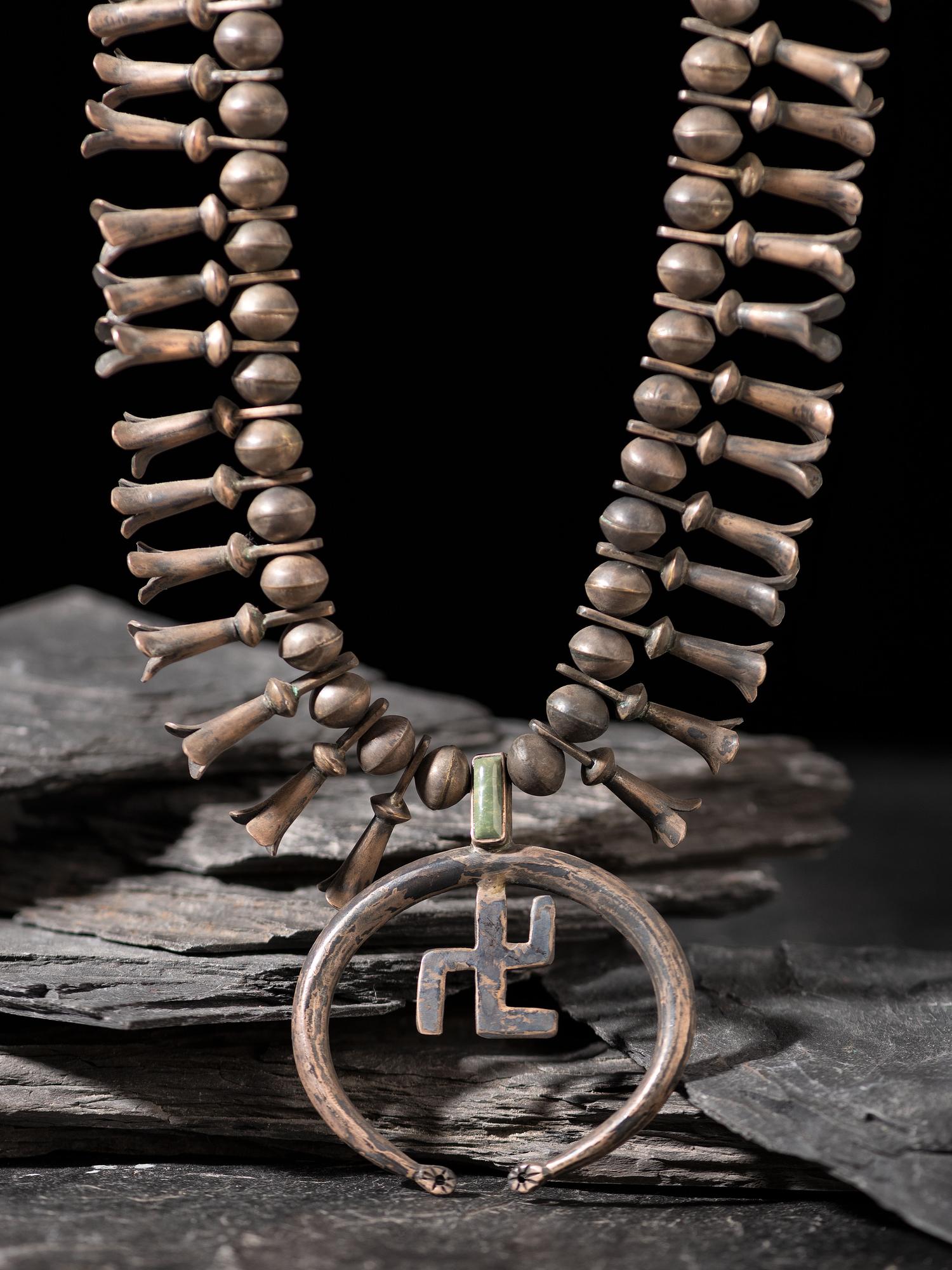 Navajo Silver and Turquoise Whirling Log Squash Blossom Necklace