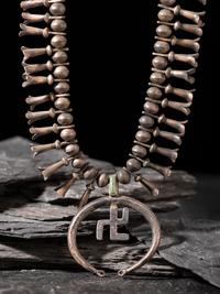 Navajo Silver and Turquoise Whirling Log Squash Blossom Necklace