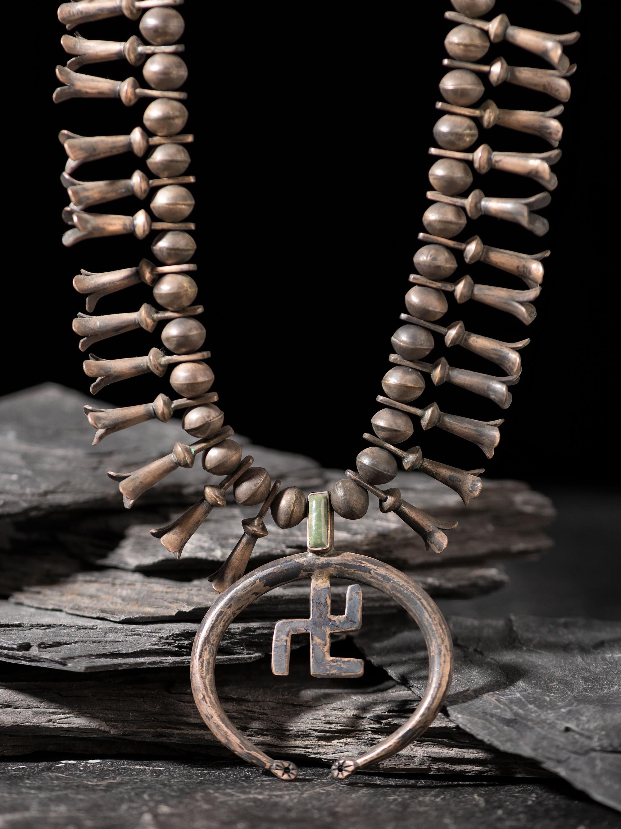 Navajo Silver and Turquoise Whirling Log Squash Blossom Necklace