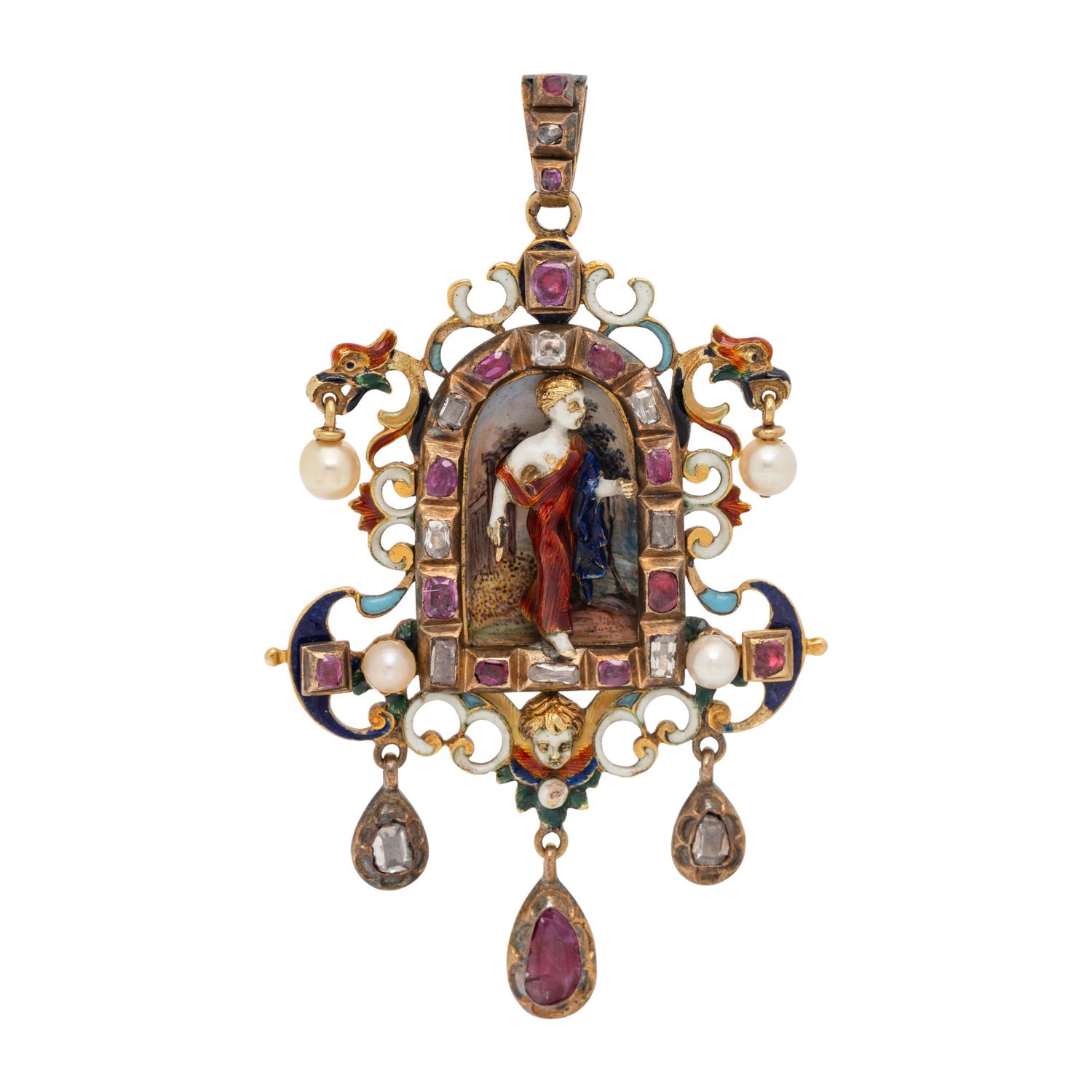 FRENCH, RENAISSANCE REVIVAL, YELLOW GOLD, MULTIGEM AND POLYCHROME ENAMEL PENDANT