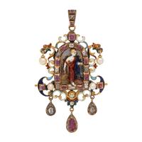 FRENCH, RENAISSANCE REVIVAL, YELLOW GOLD, MULTIGEM AND POLYCHROME ENAMEL PENDANT