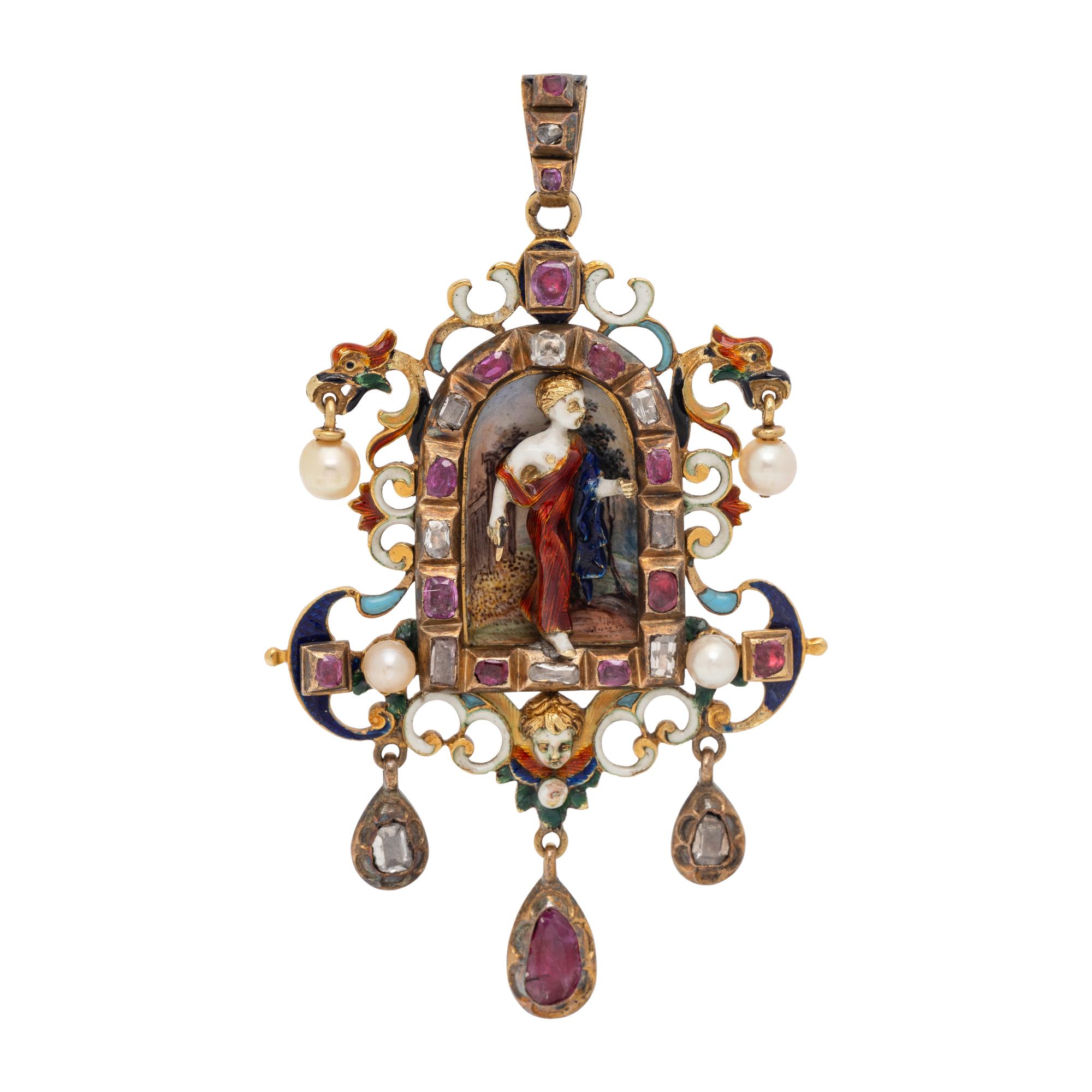 FRENCH, RENAISSANCE REVIVAL, YELLOW GOLD, MULTIGEM AND POLYCHROME ENAMEL PENDANT