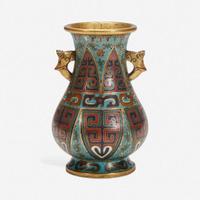 A Chinese cloisonné archaistic small vase with carved wood stand 掐丝珐琅小樽带底座