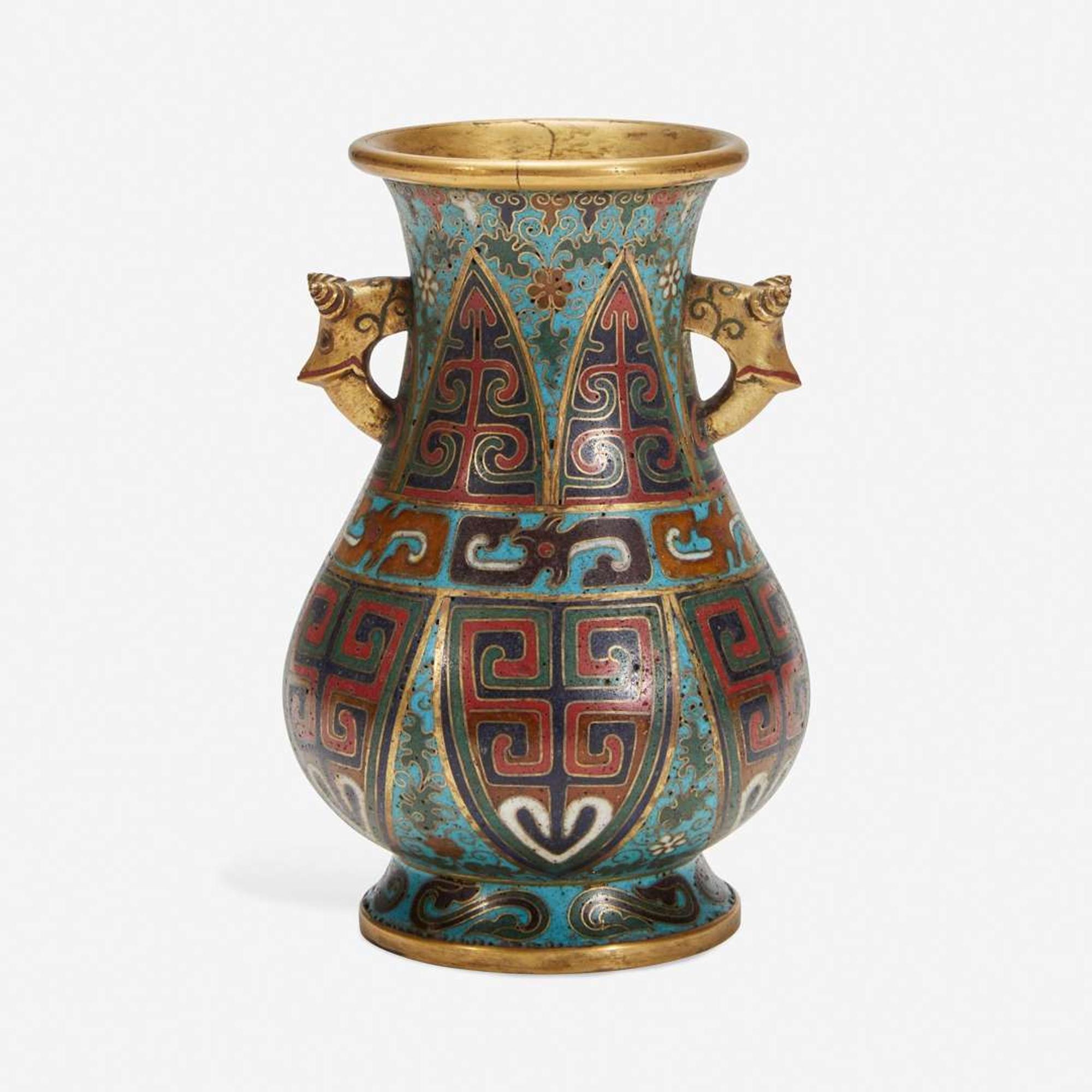 A Chinese cloisonné archaistic small vase with carved wood stand 掐丝珐琅小樽带底座