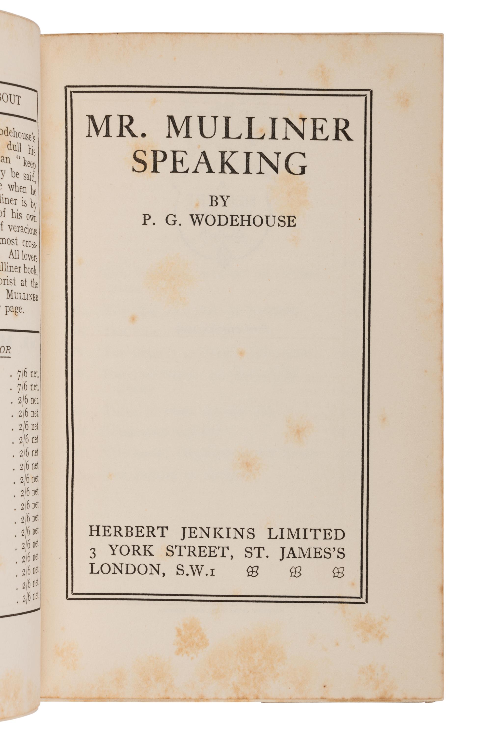 WODEHOUSE, P.G. (1881-1975). Mr. Mulliner Speaking . London: Herbert Jenkins Limited, 1929.