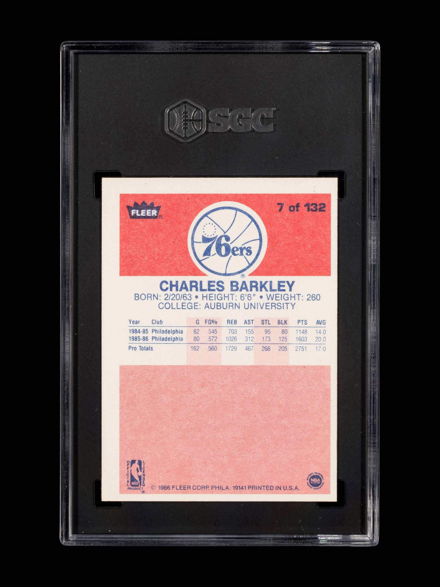 A 1986-87 Fleer Charles Barkley Rookie Basketball Card No. 7 (SGC 7 NM)