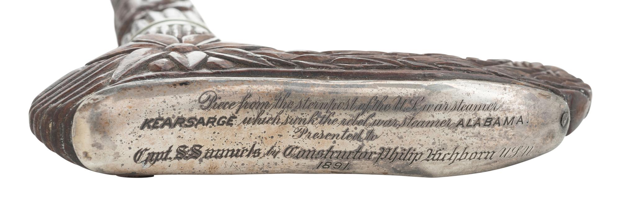 Presentation walking stick made from wood of the USS Kearsarge , ID'd to Capt. S. Samuels, 1891.