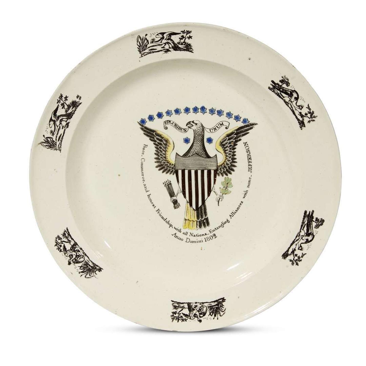 Transfer-printed and enamel-decorated "Jefferson and The Great Seal of the United States" creamware plate England, circa 1810