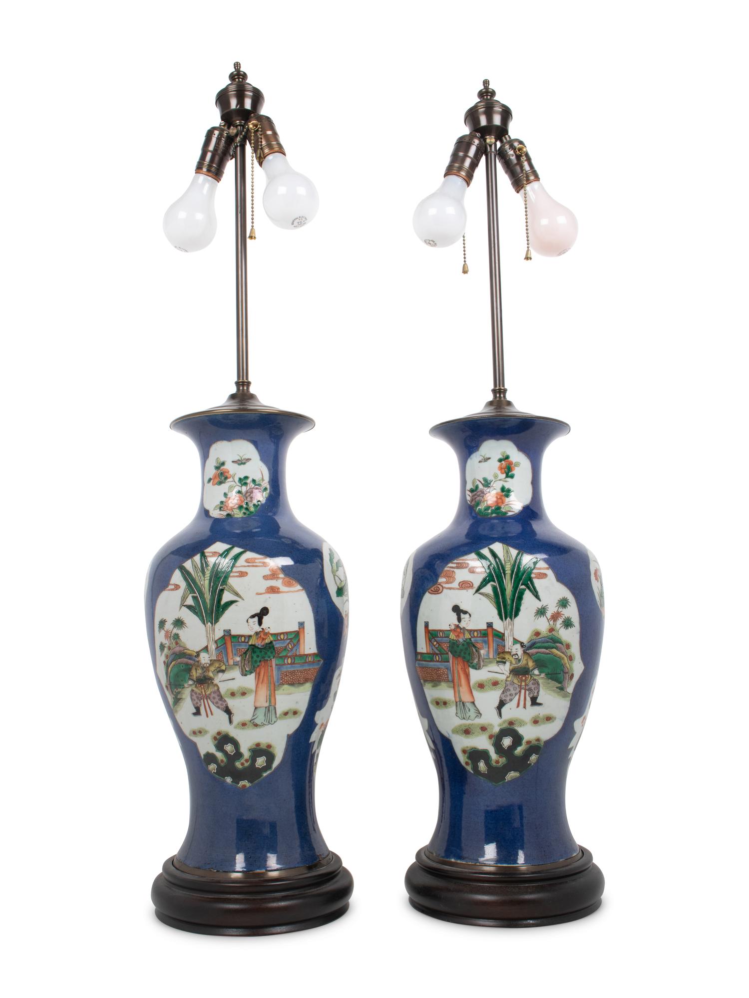 A Pair of Chinese Export Porcelain Vases Mounted as Lamps