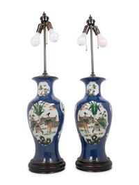 A Pair of Chinese Export Porcelain Vases Mounted as Lamps