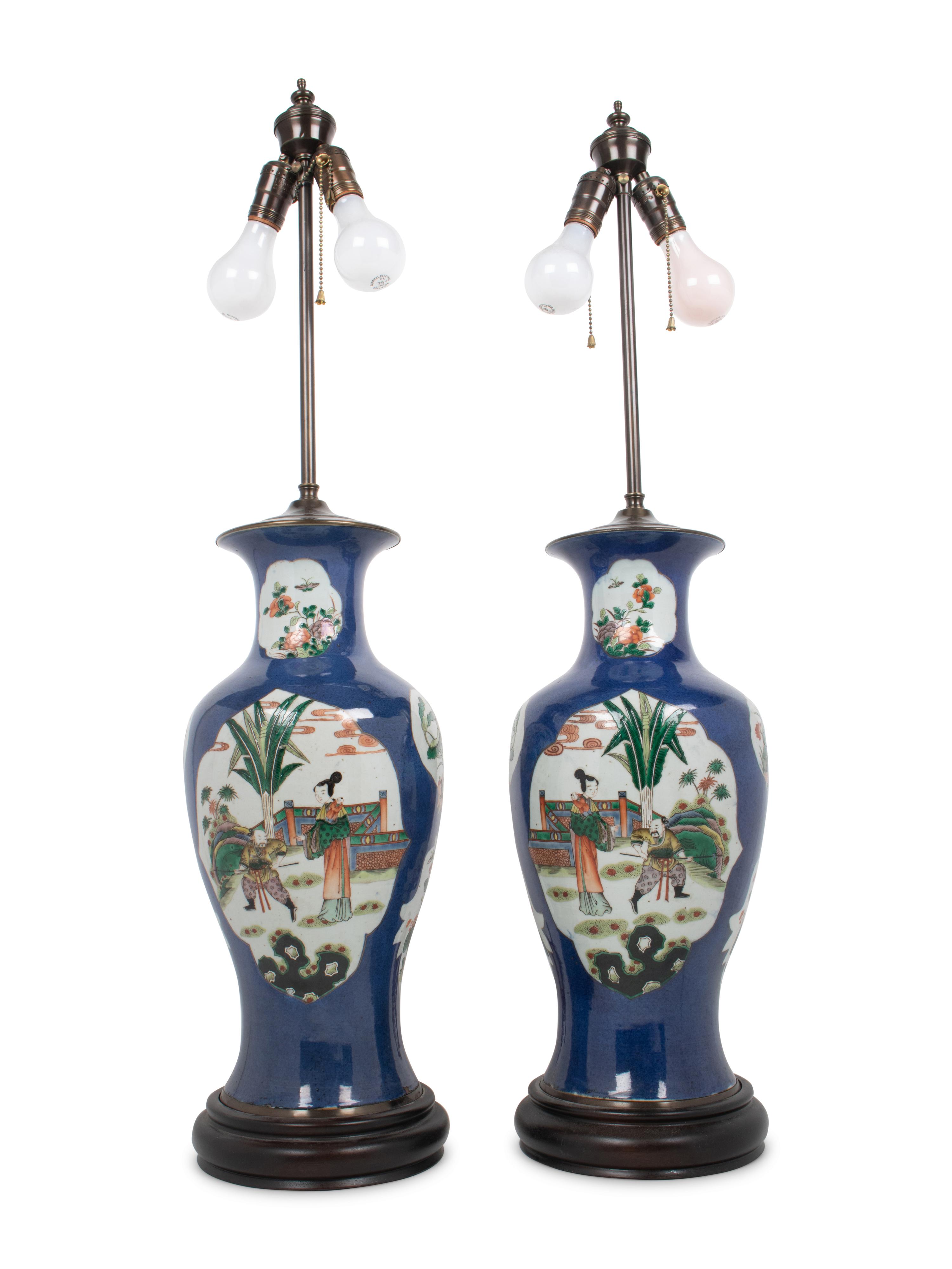 A Pair of Chinese Export Porcelain Vases Mounted as Lamps