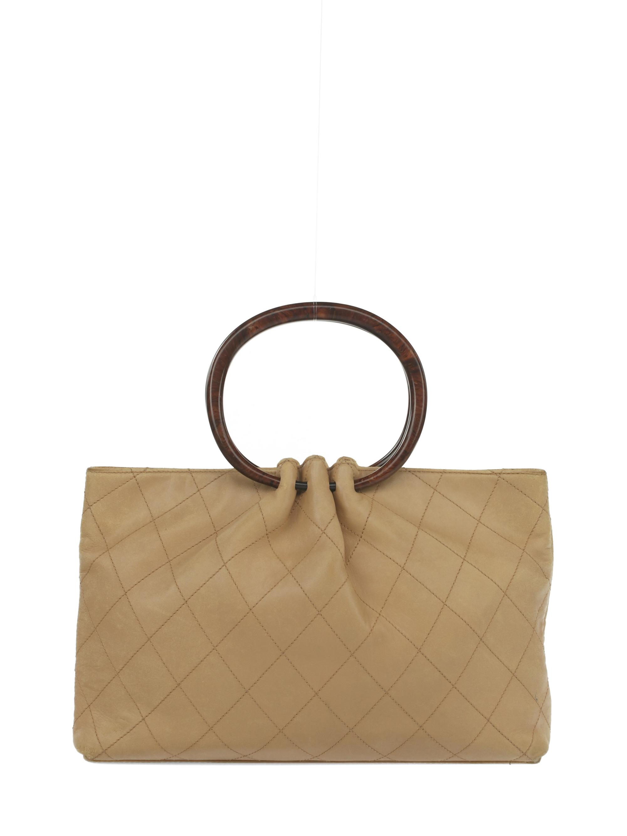 Chanel Wood Handle Tote in Quilted Tan Lambskin
